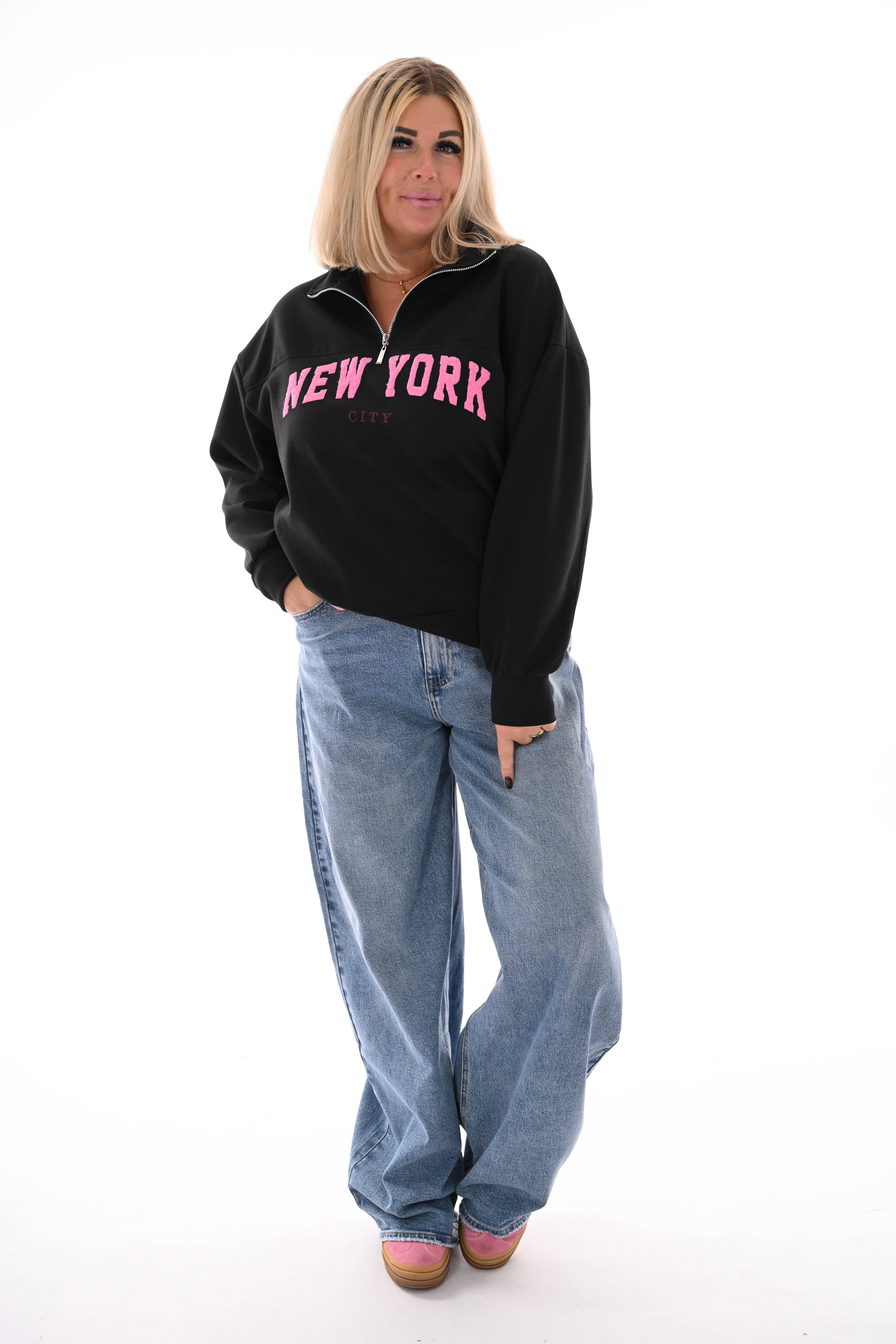 Sweater new york met rits zwart