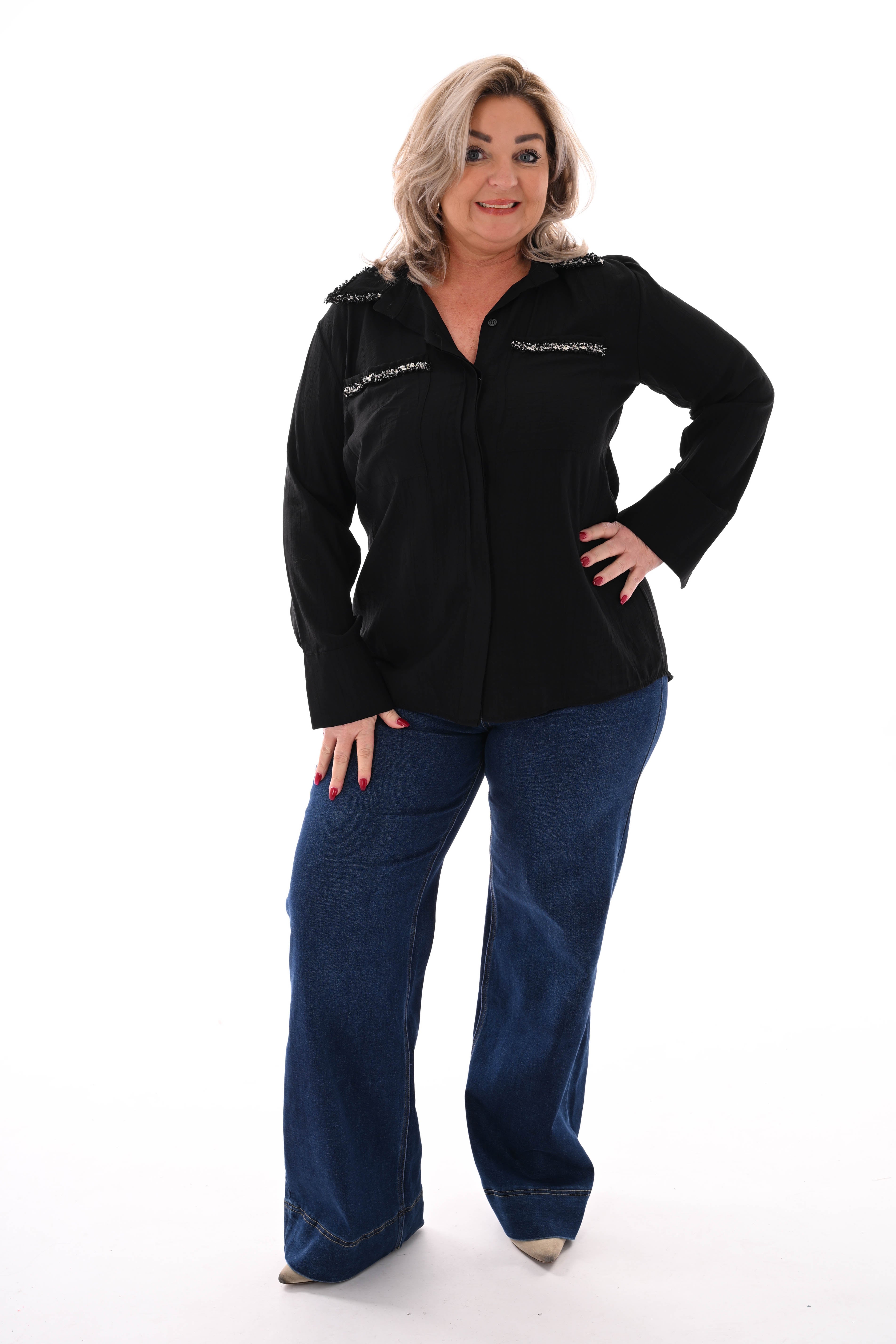 Blouse glitter rand met kraag zwart