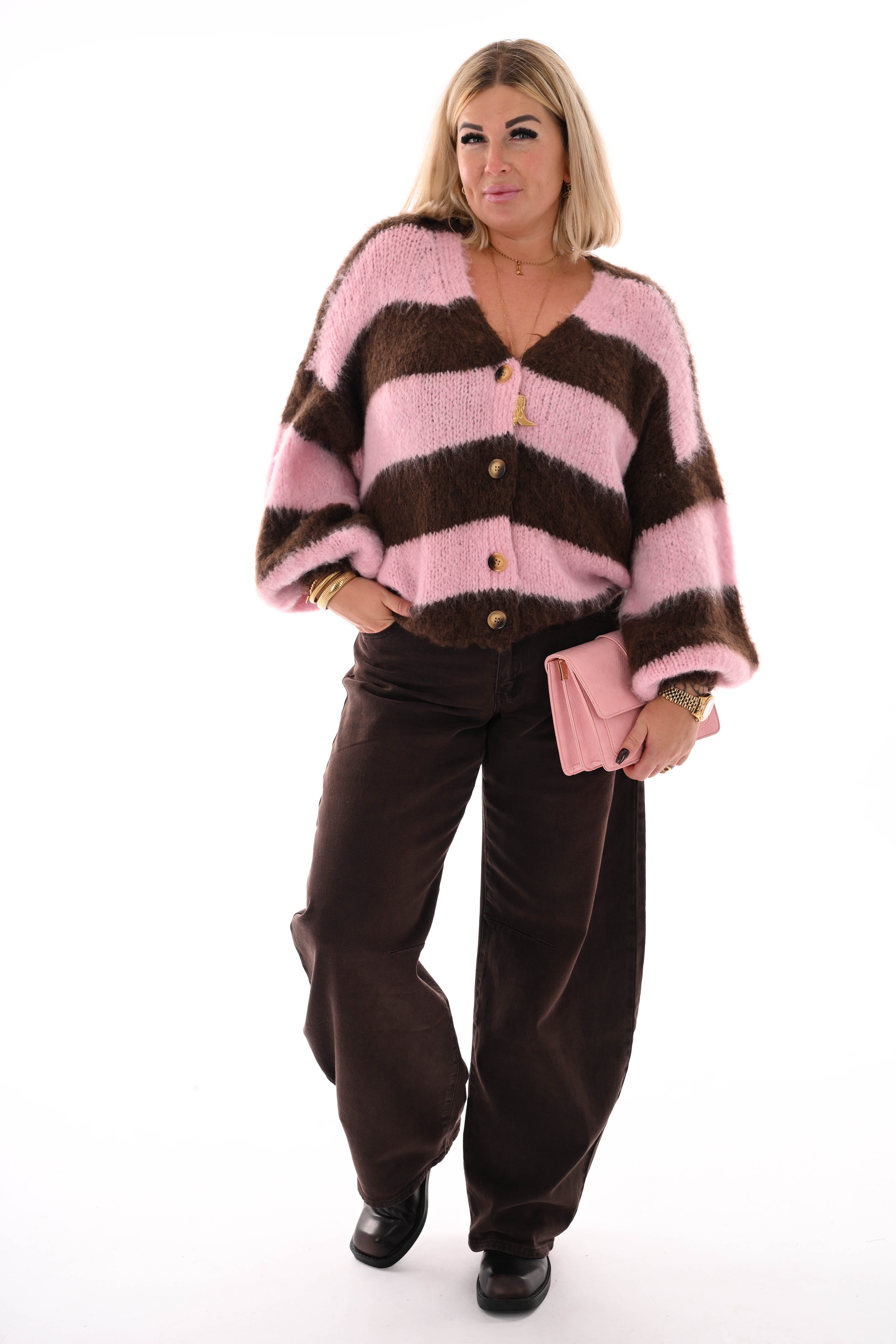 Vest strepen met knopen lichtroze/donkerbruin