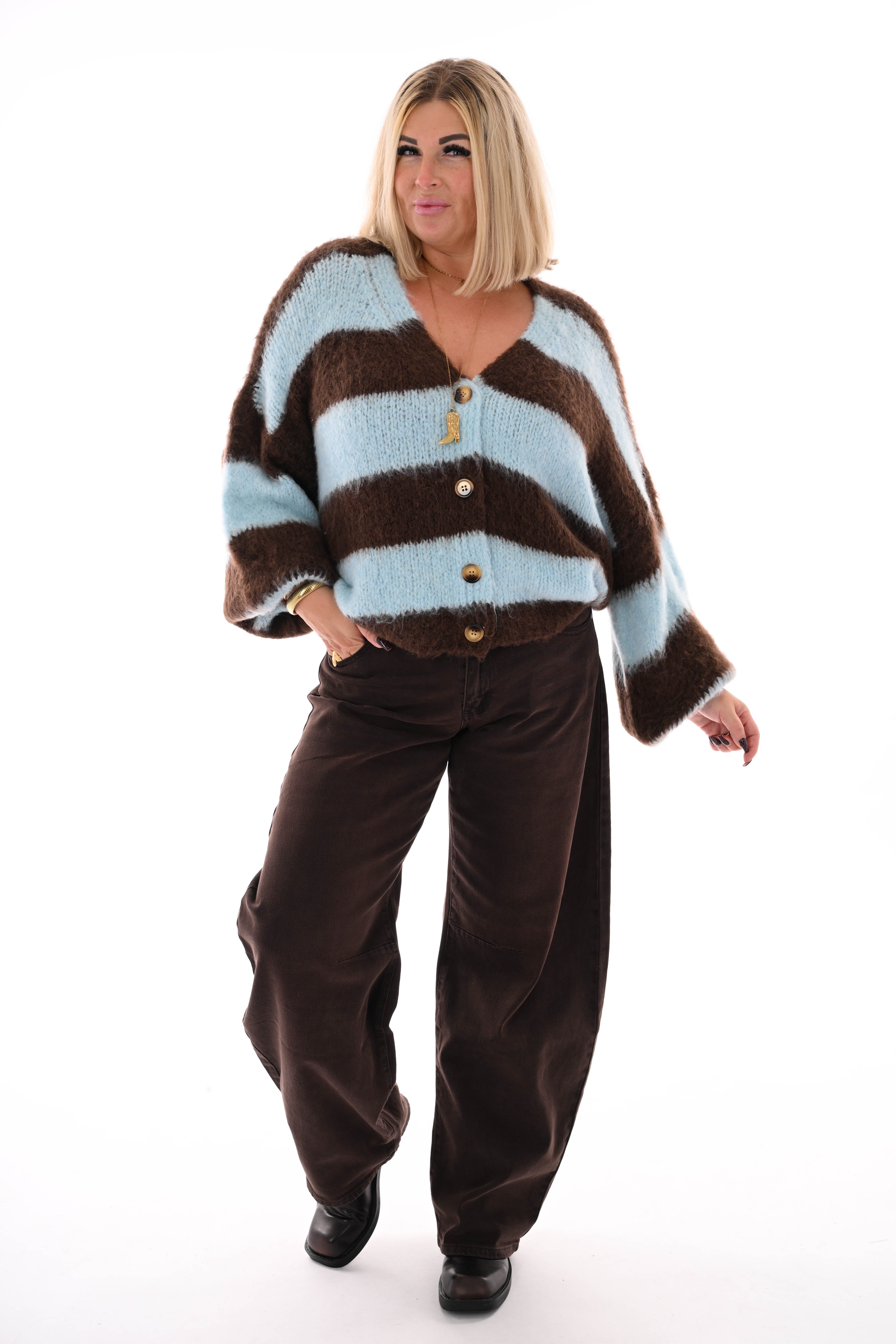 Vest strepen met knopen lichtblauw/donkerbruin