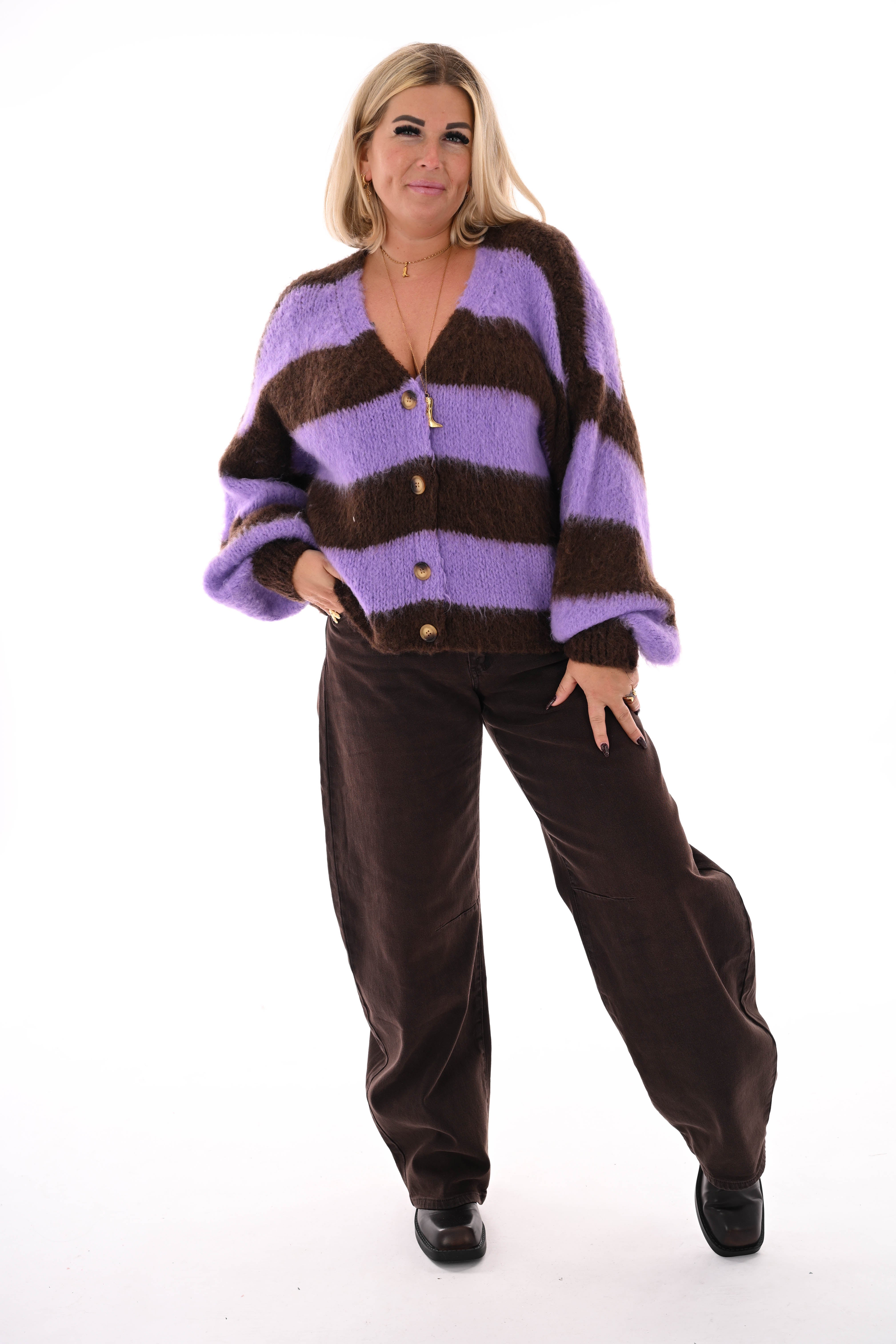 Vest strepen met knopen donkerbruin/paars