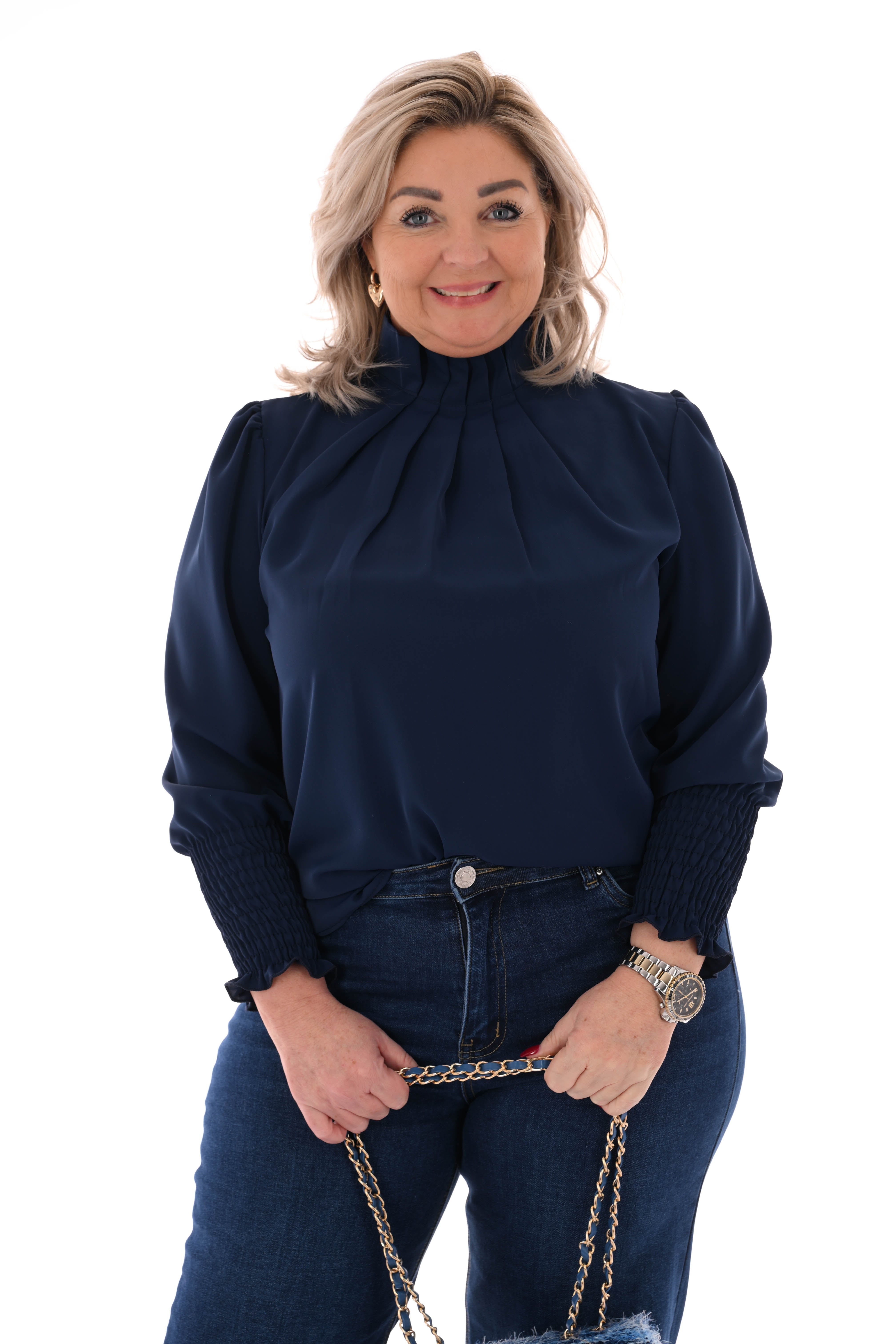 Blouse turtle neck smock mouwen marineblauw