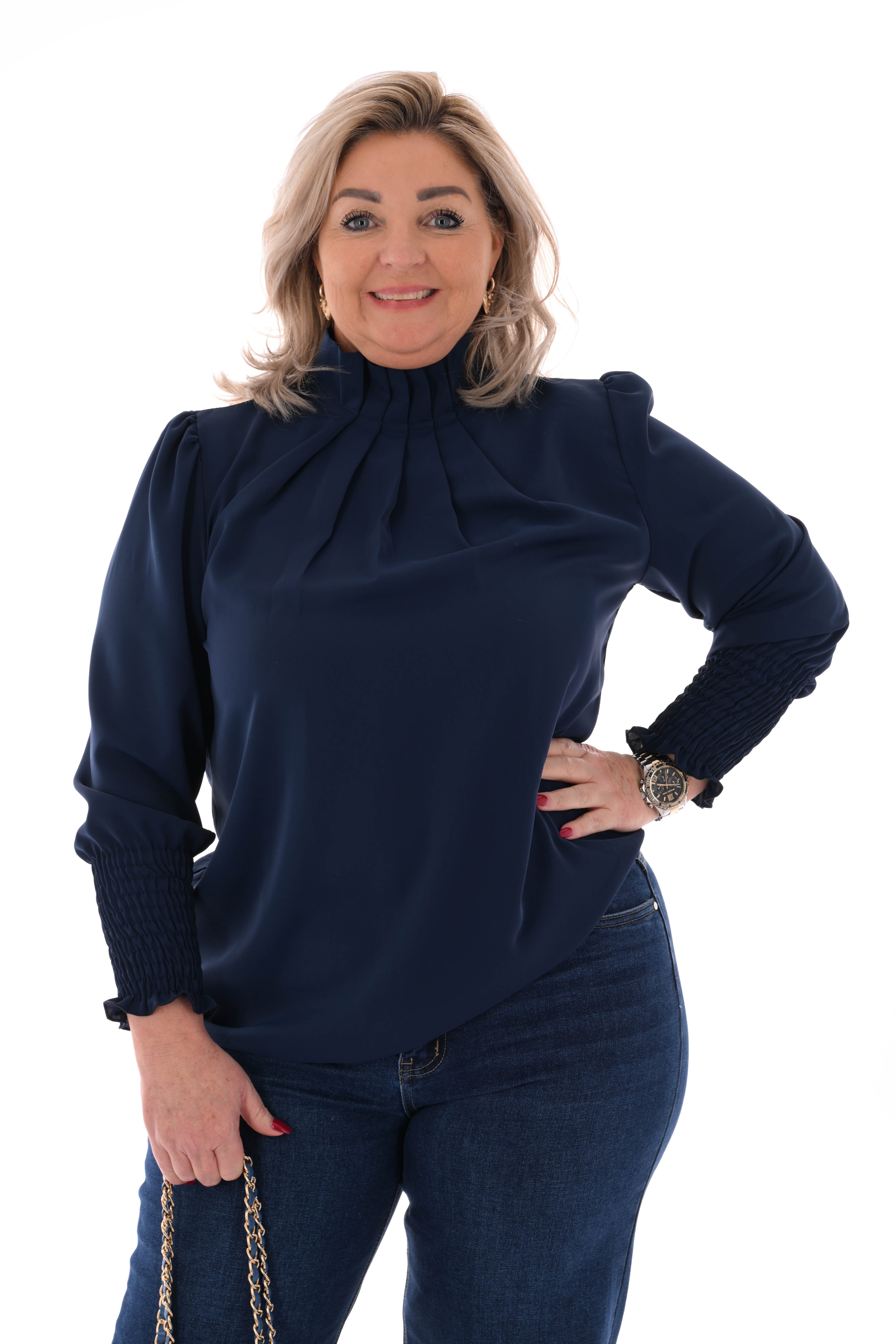Blouse turtle neck smock mouwen marineblauw