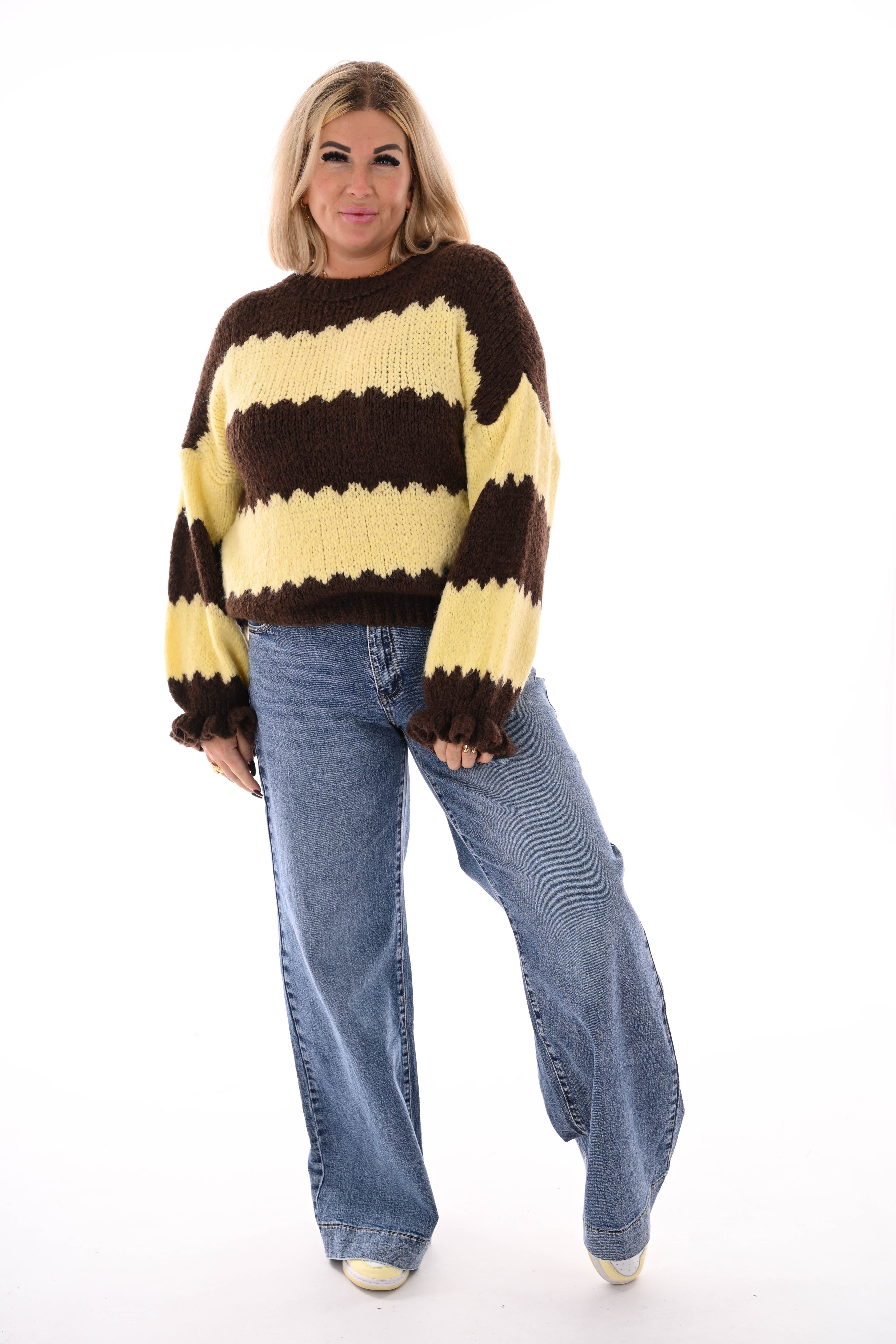 Gebreide trui brede golfstrepen donkerbruin/lichtgeel