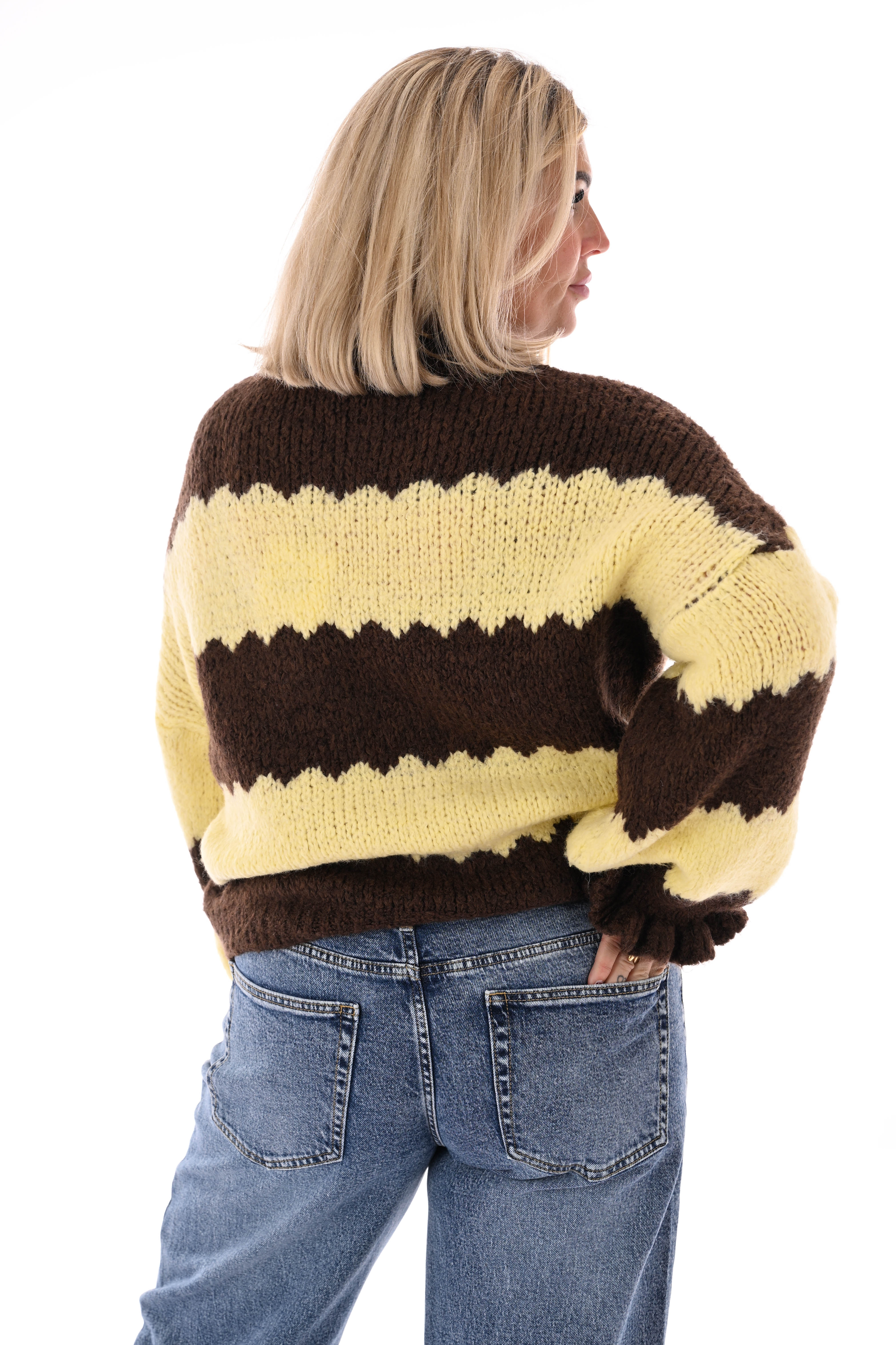 Gebreide trui brede golfstrepen donkerbruin/lichtgeel