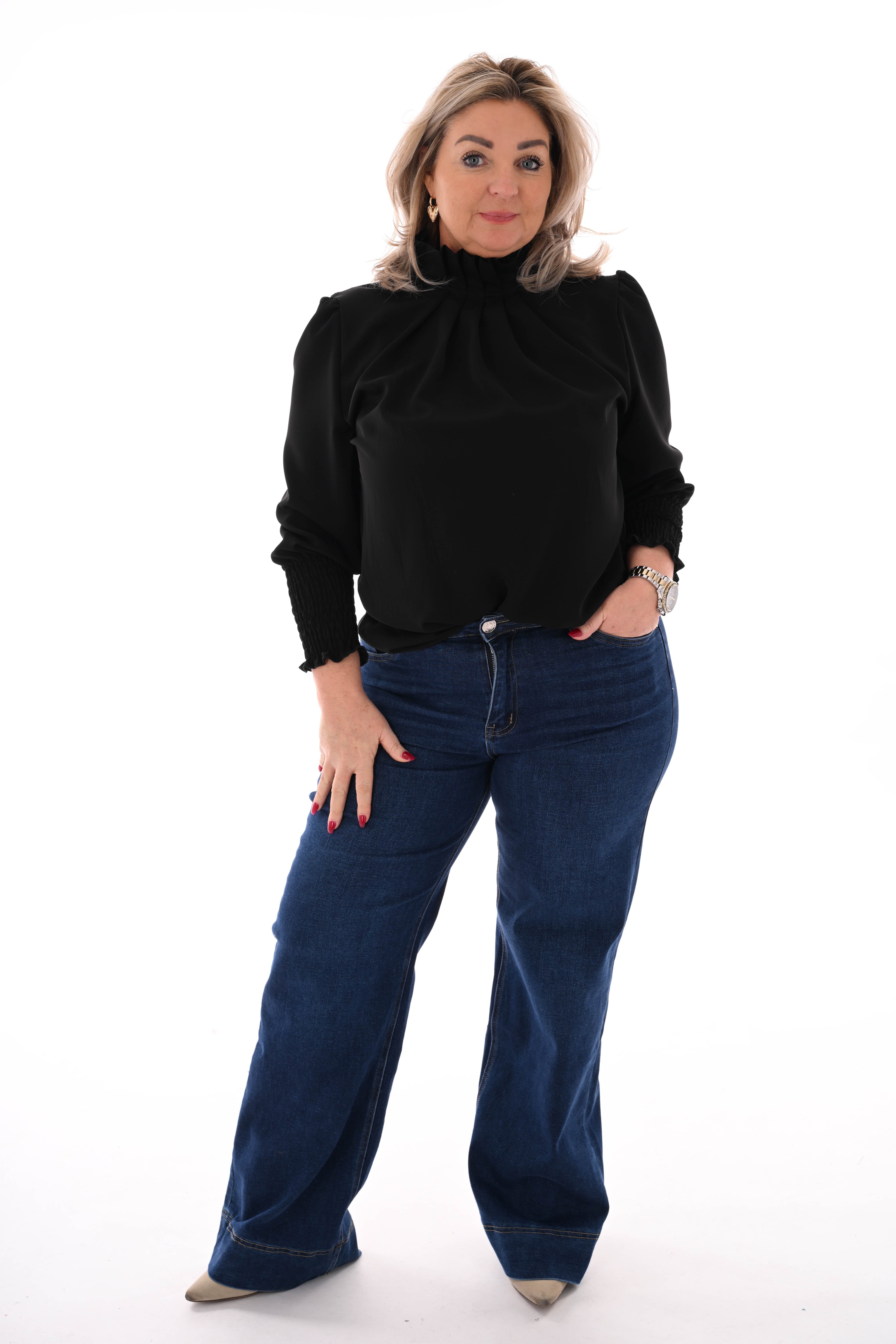 Blouse turtle neck smock mouwen zwart