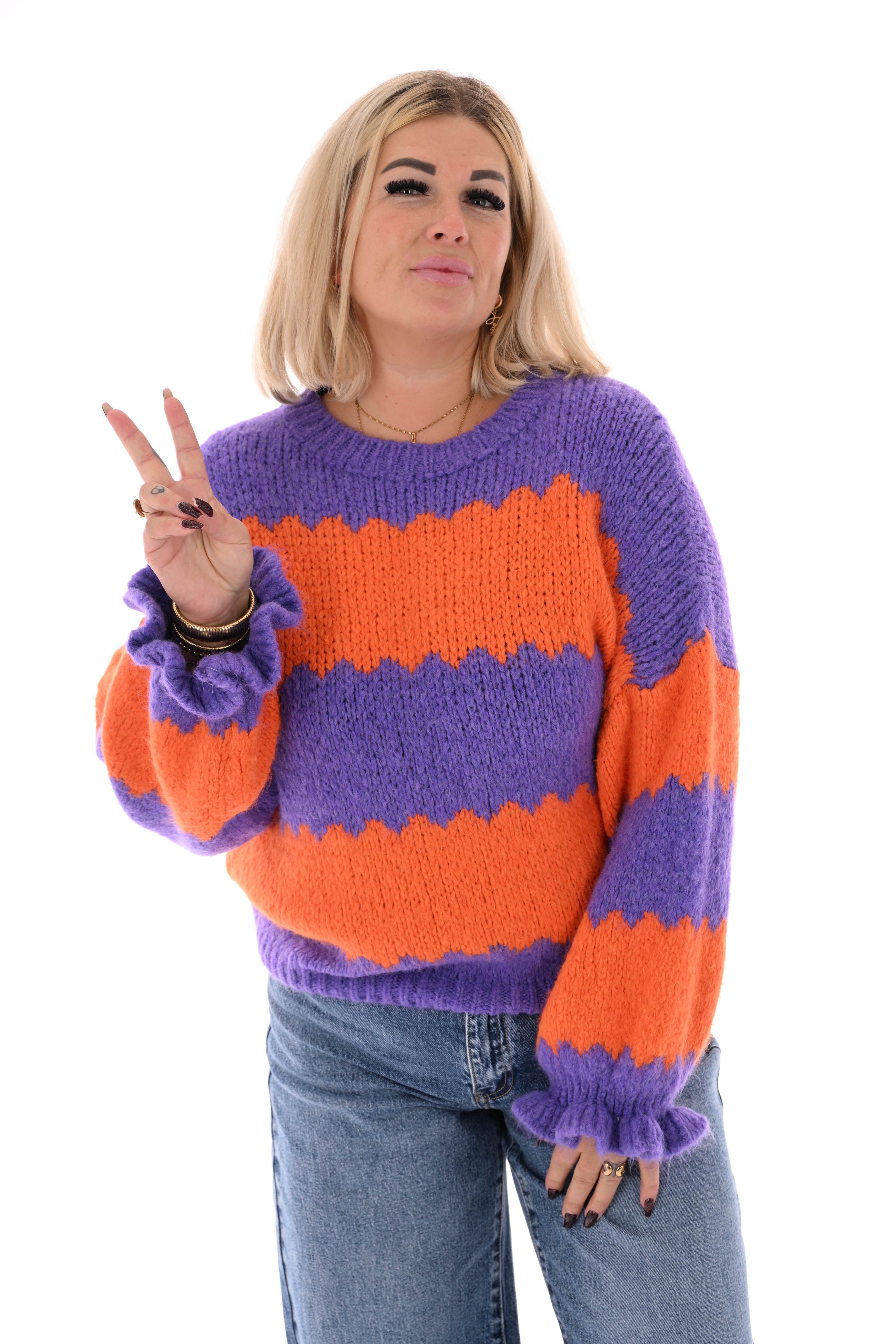 Gebreide trui brede golfstrepen oranje/paars