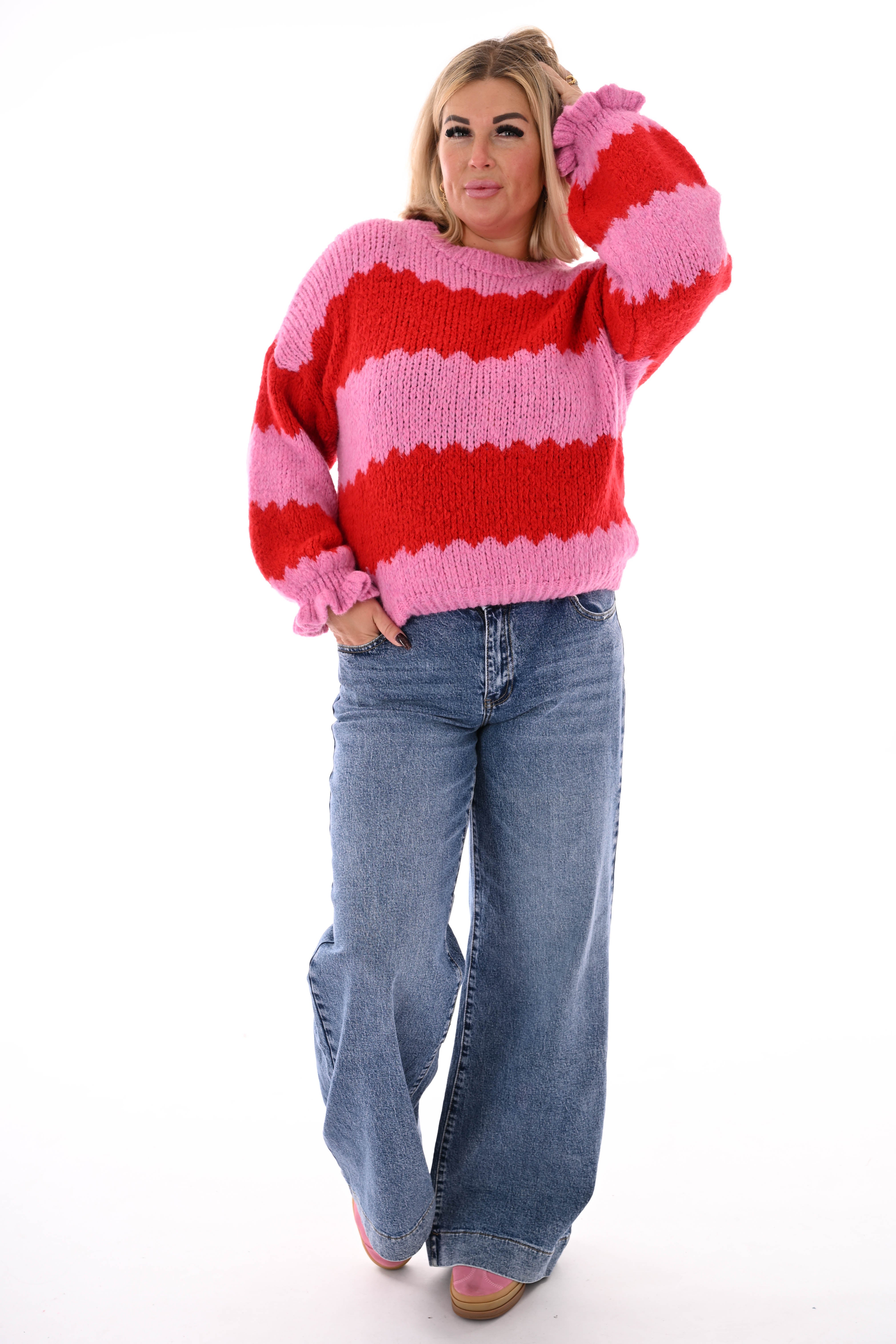 Gebreide trui brede golfstrepen roze/rood