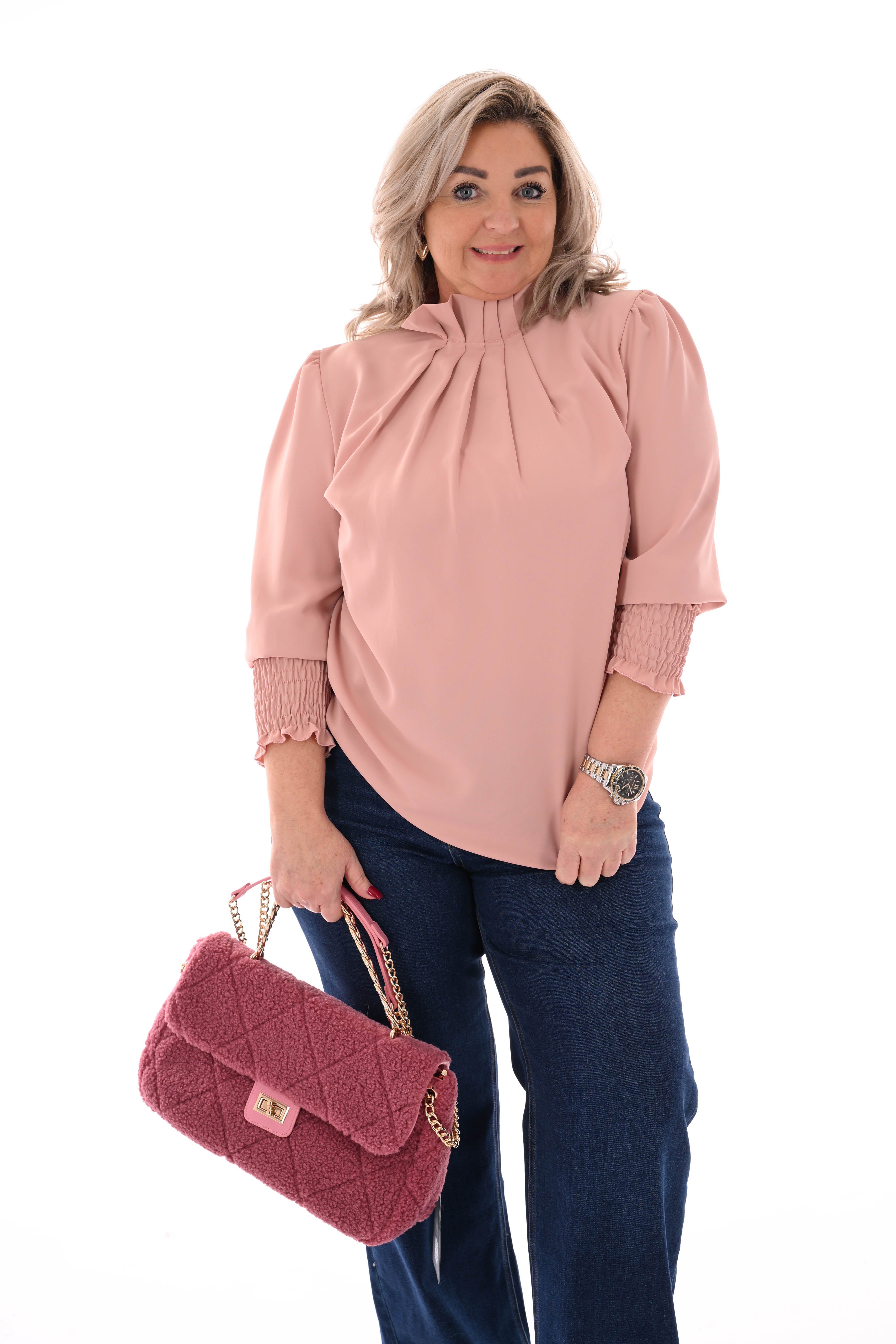 Blouse turtle neck smock mouwen poederroze