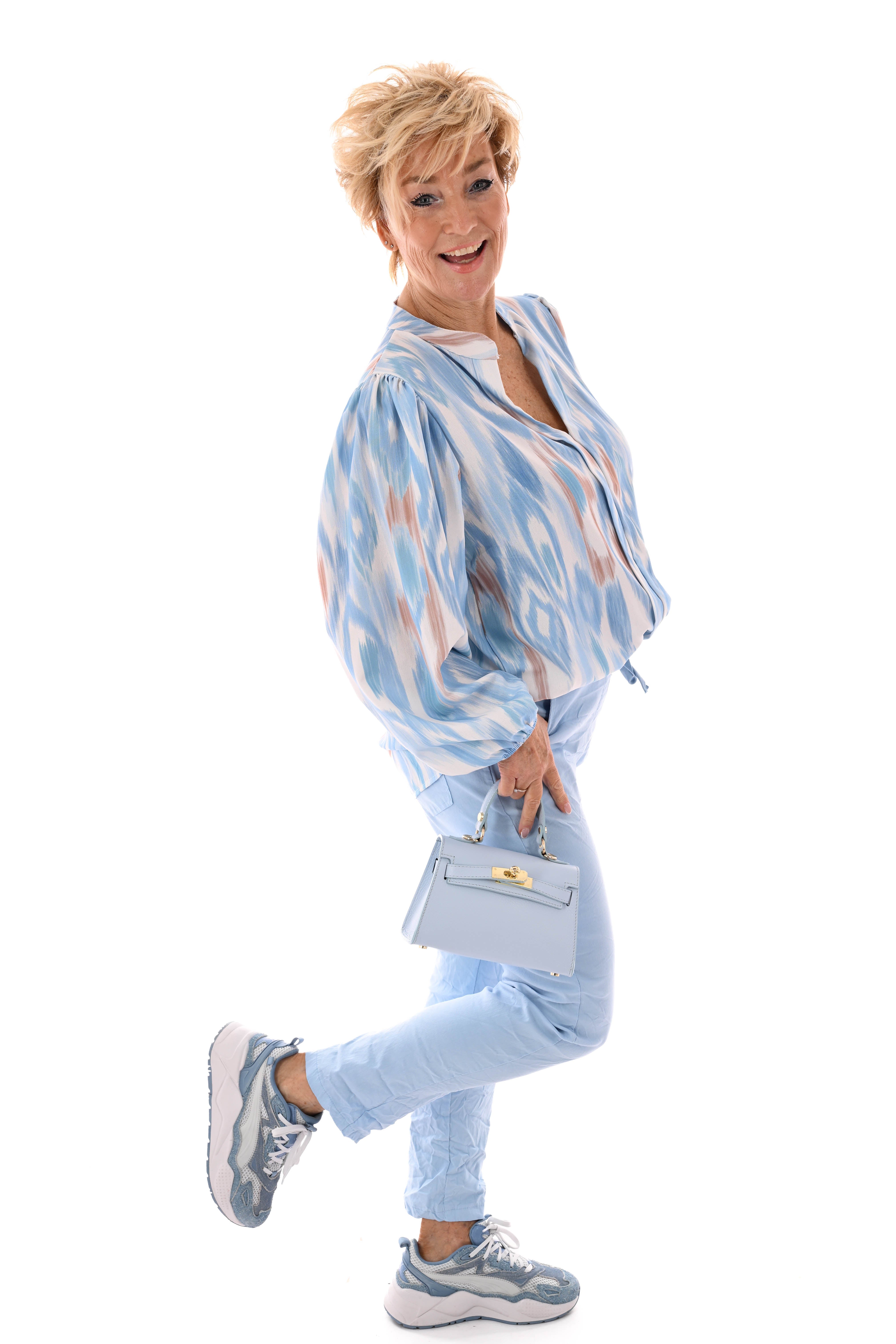 Top lange mouwen v-hals vegen lichtblauw