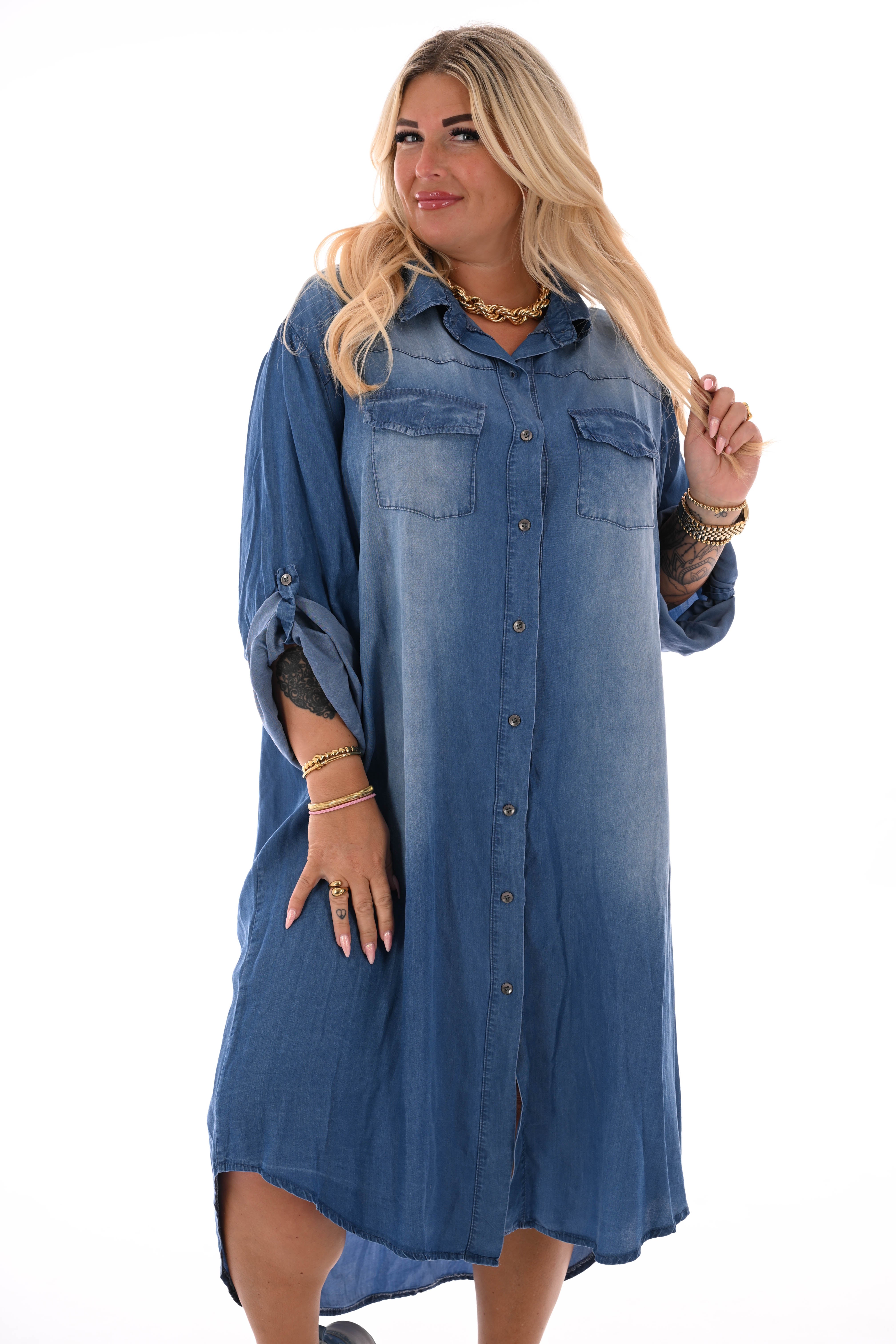 Lange doorknoop jurk comfy jeans blauw