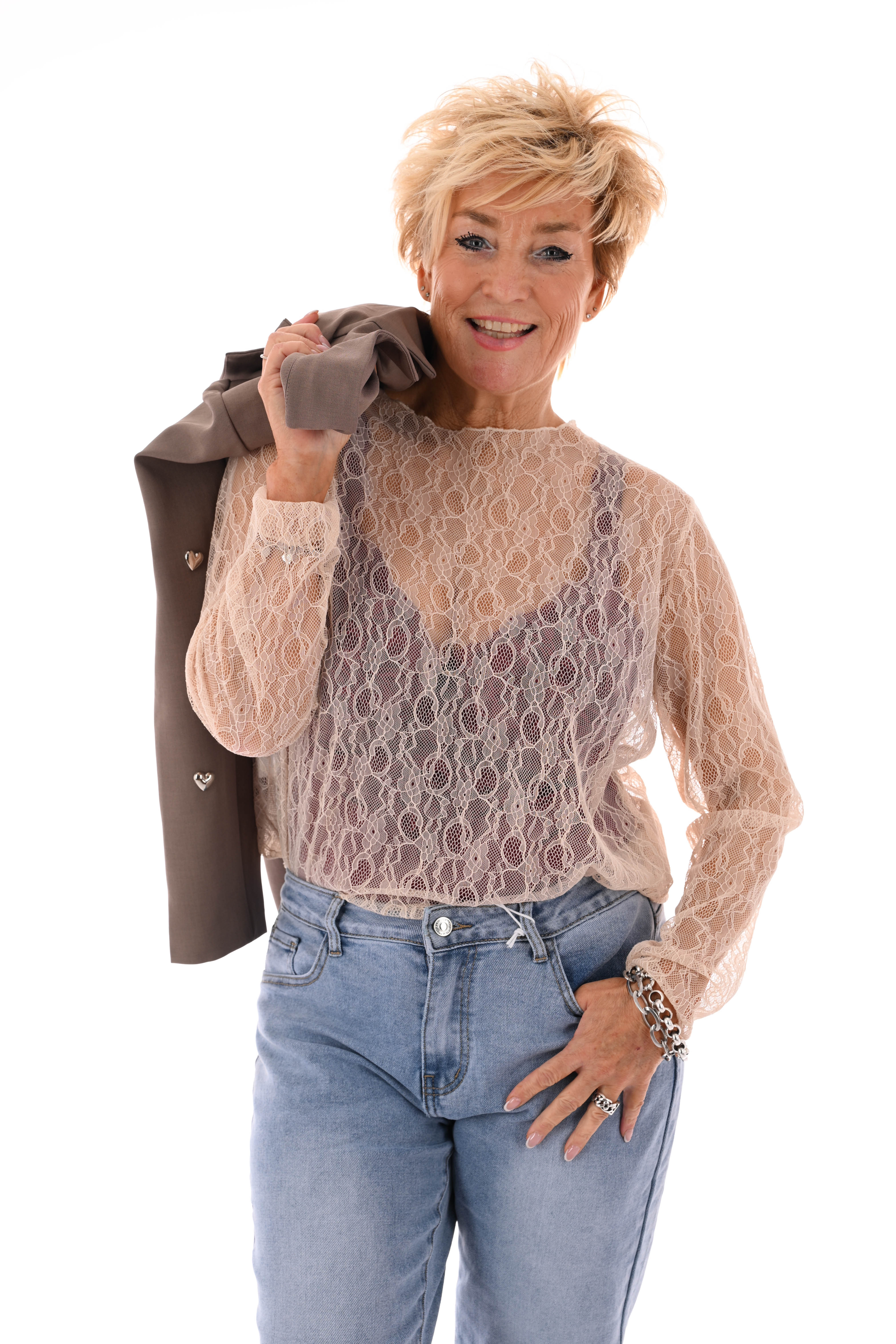 Kanten top ronde hals abrikoos