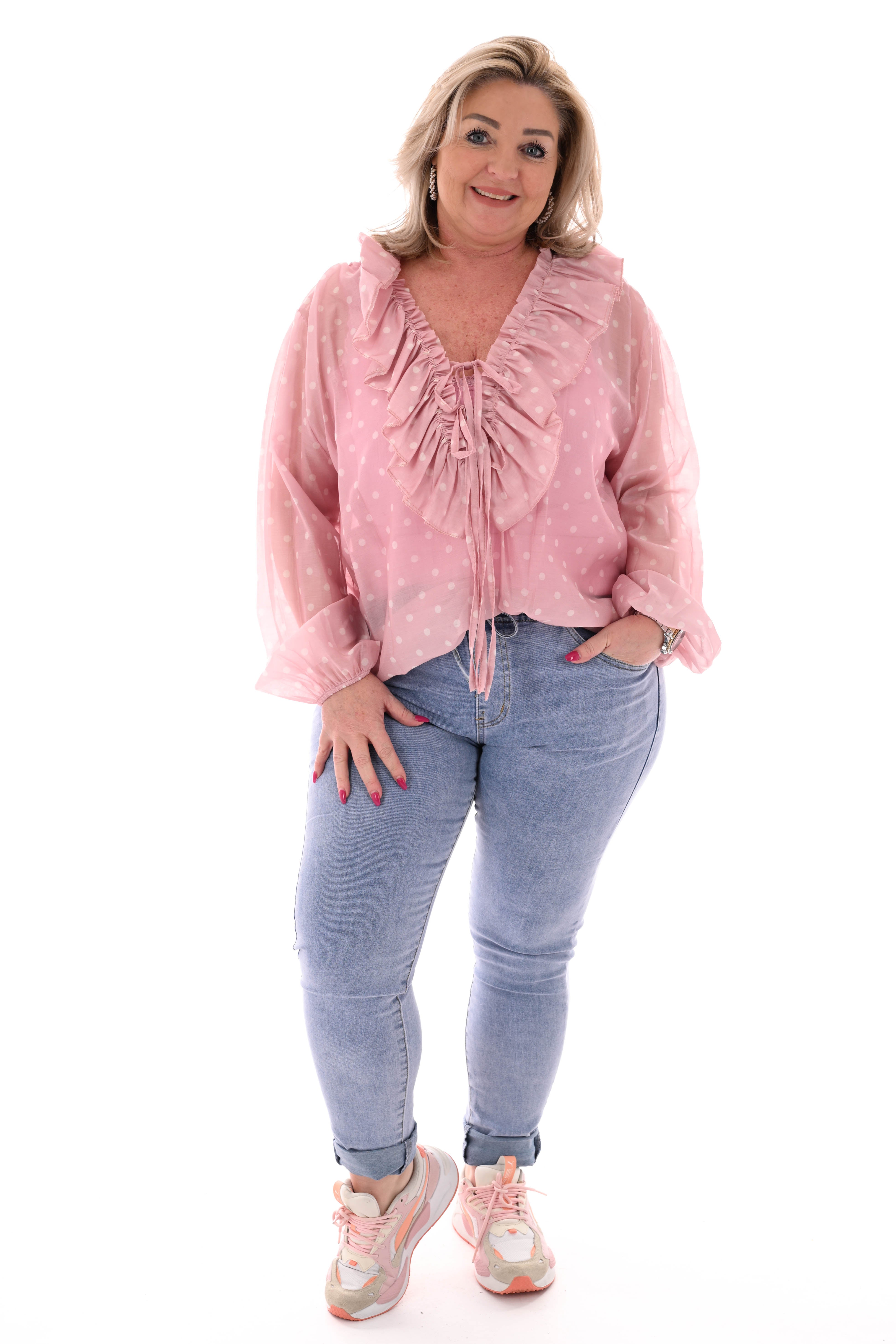 Blouse roezelkraag met dots lichtroze