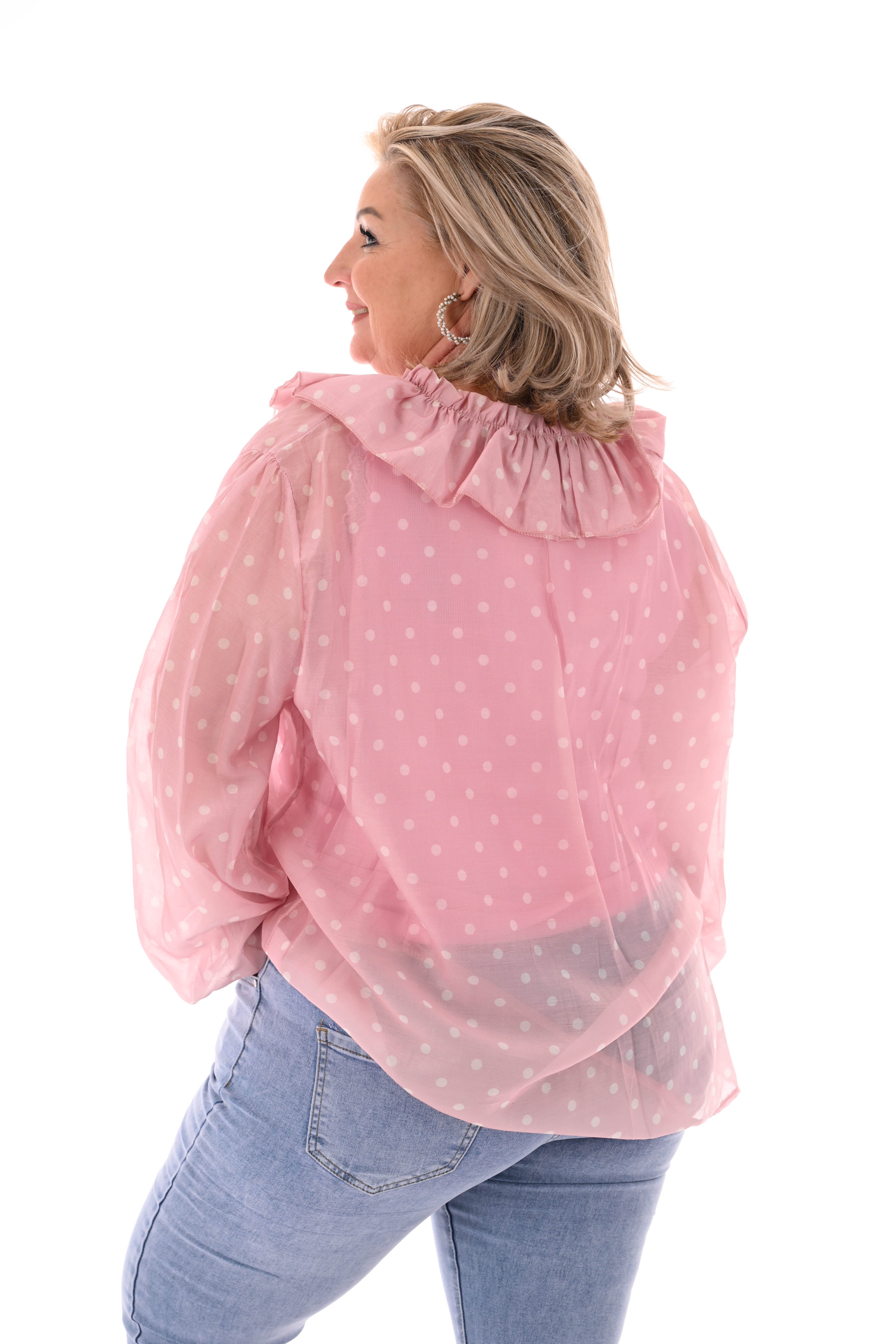 Blouse roezelkraag met dots lichtroze