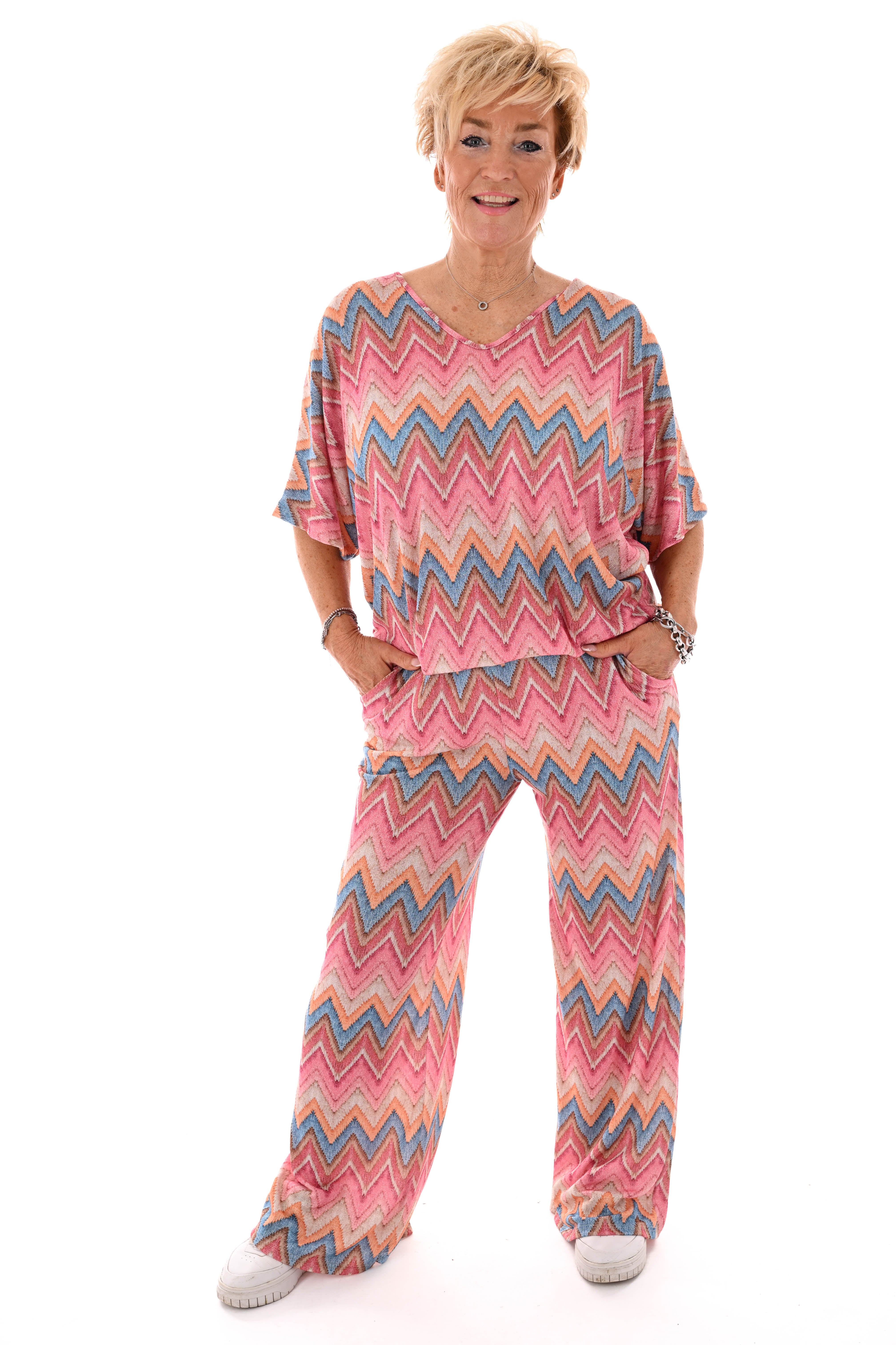 Tweedelig pak korte mouwen zigzag roze/turquoise