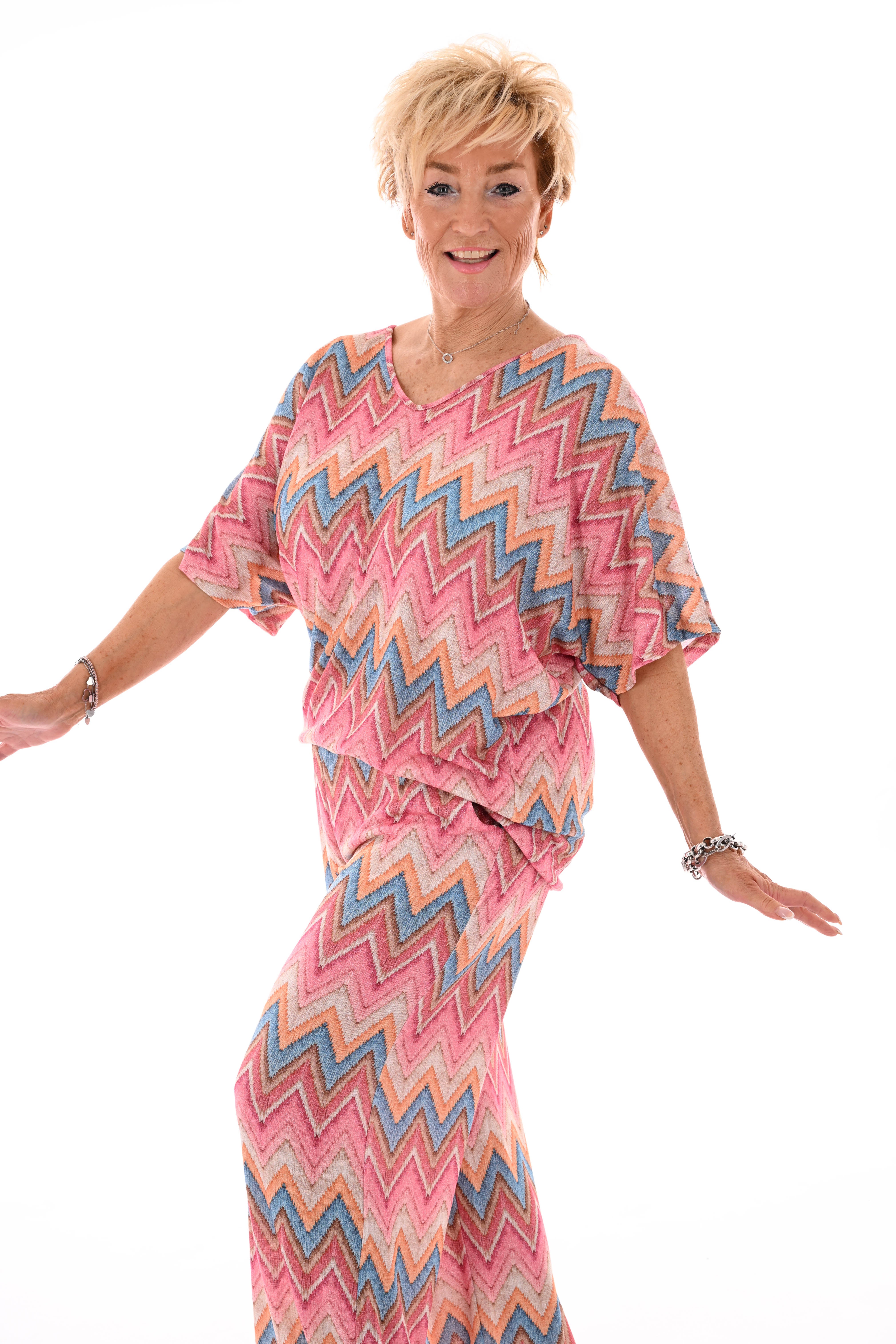 Tweedelig pak korte mouwen zigzag roze/turquoise