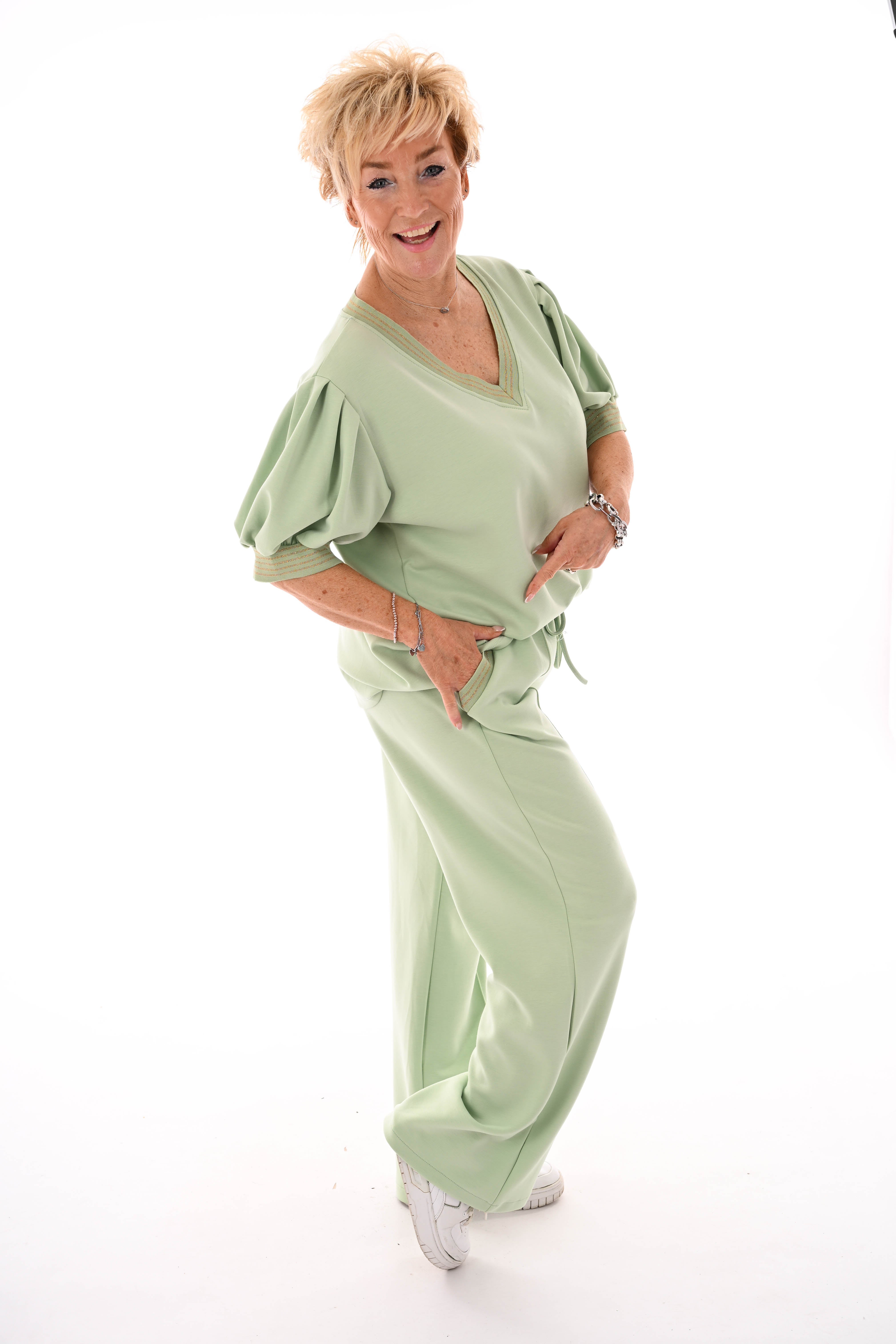 Tweedelig set korte pofmouwen glitterbies pistache