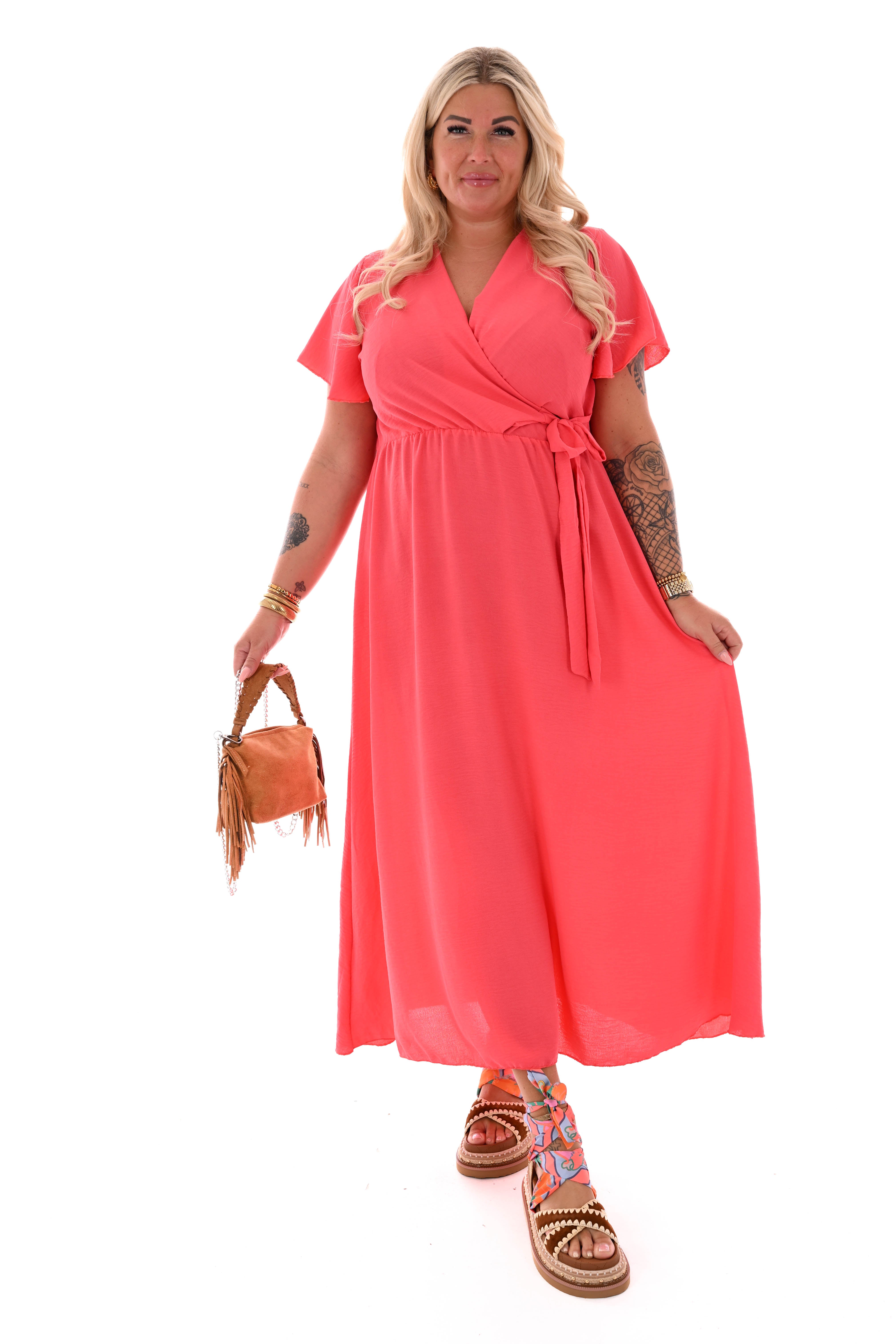 Maxi jurk korte mouwen strik uni koraal