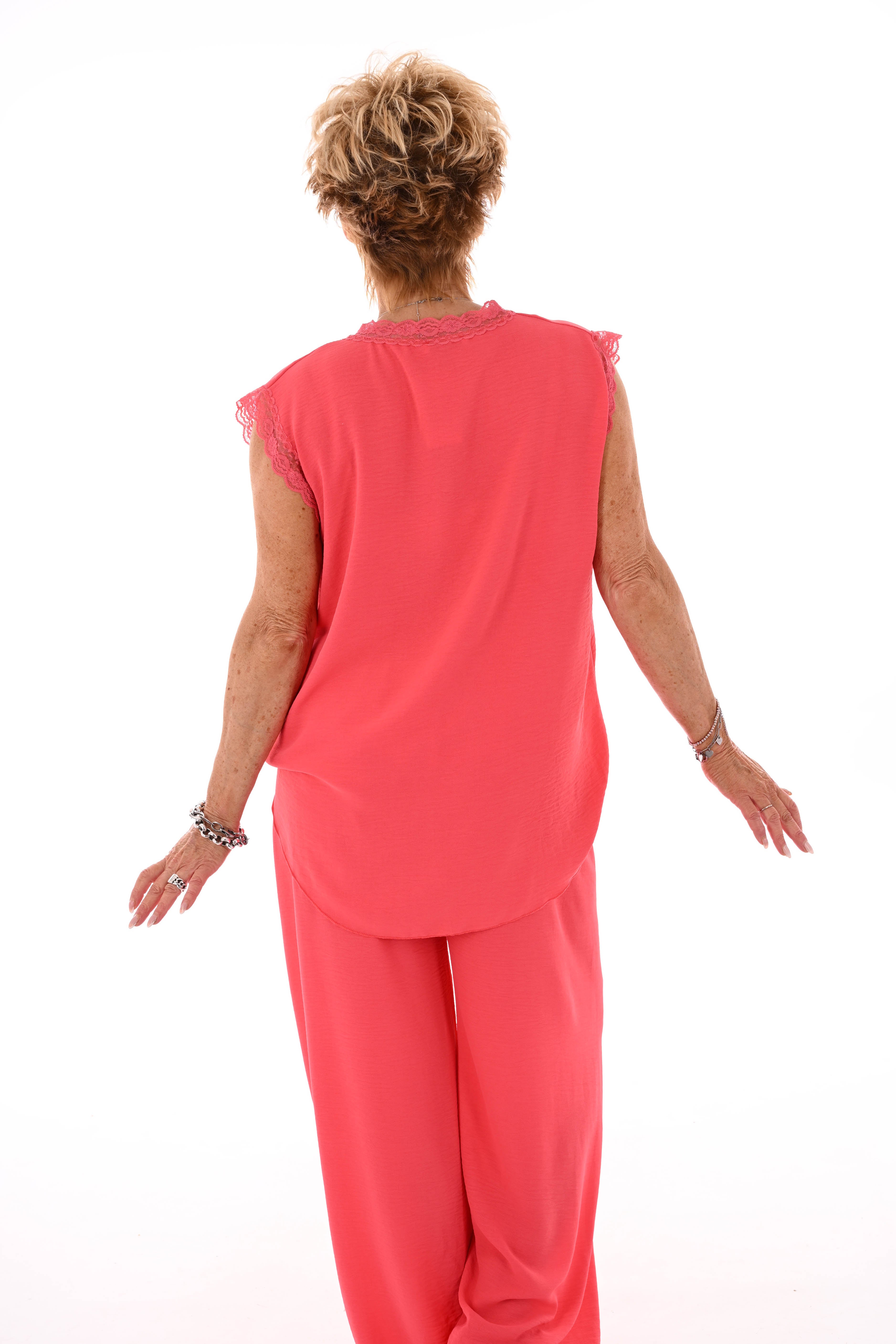 Tweedelig set kant v-hals koraal