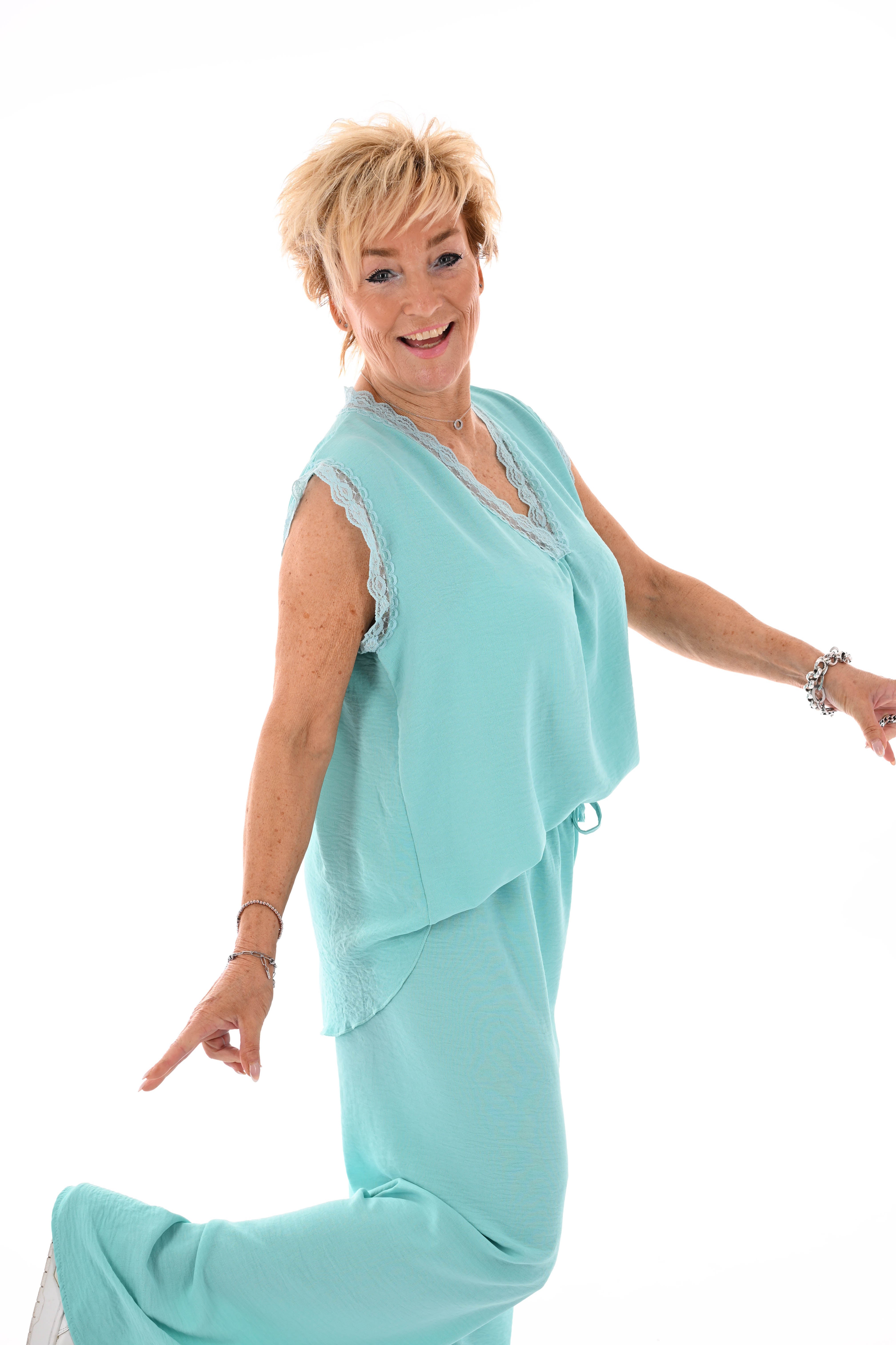 Tweedelig set kant v-hals turquoise