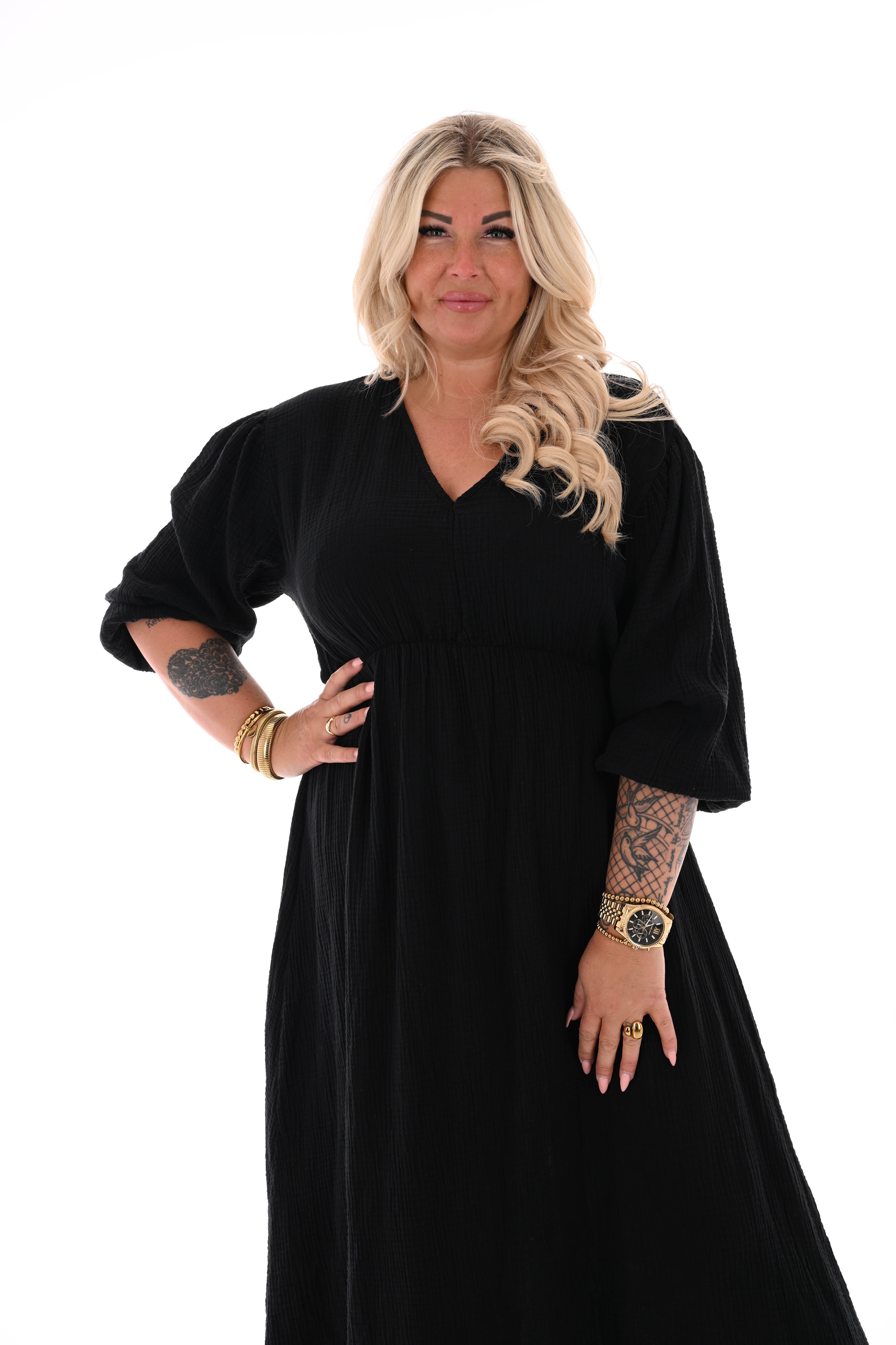 Wafel jurk v-hals uni zwart