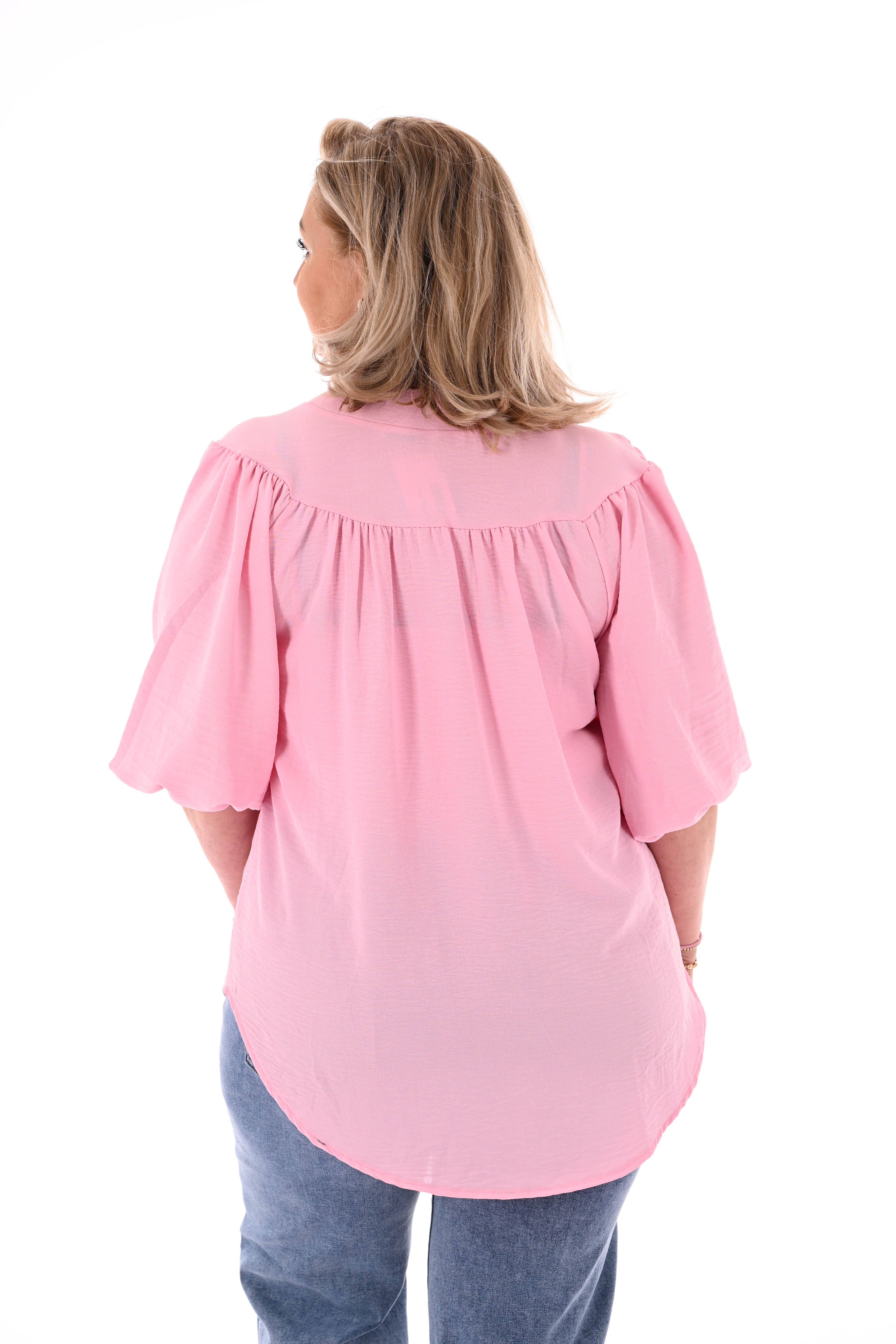 Top v-hals elastieken pofmouwen uni lichtroze