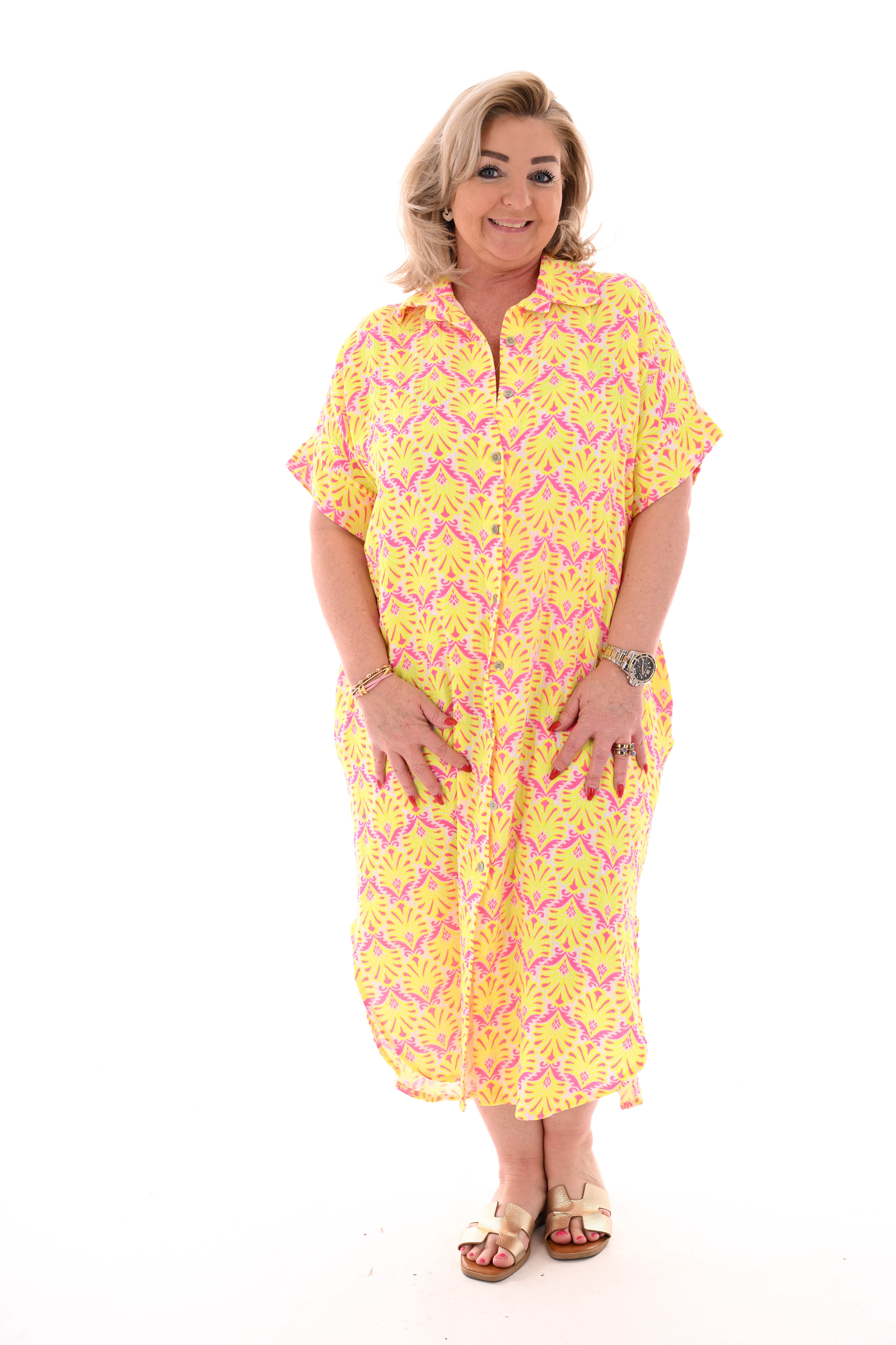 Lange blouse abstracte bloemen roomwit/geel