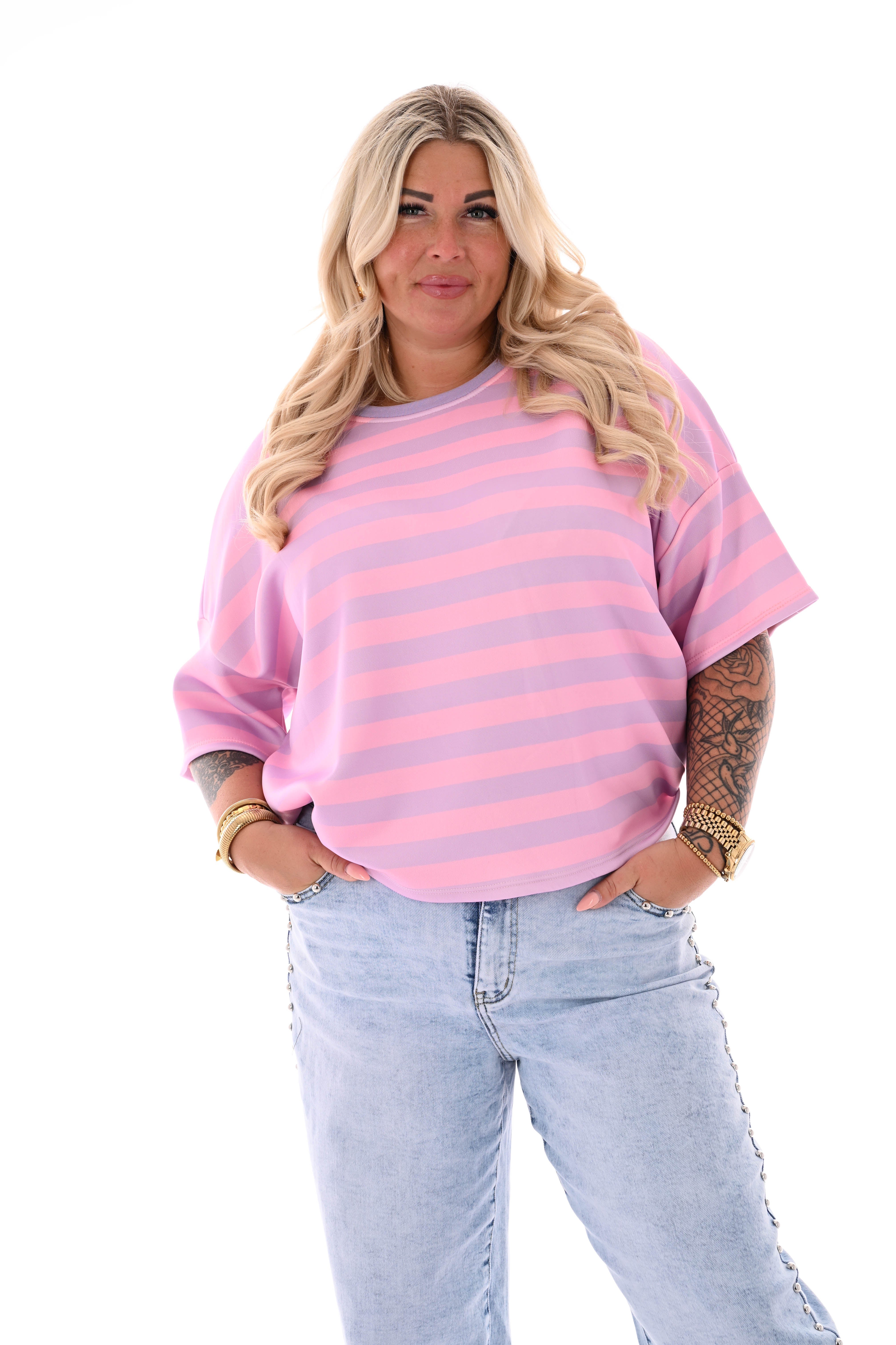 Sweater korte mouwen strepen lichtroze/lila