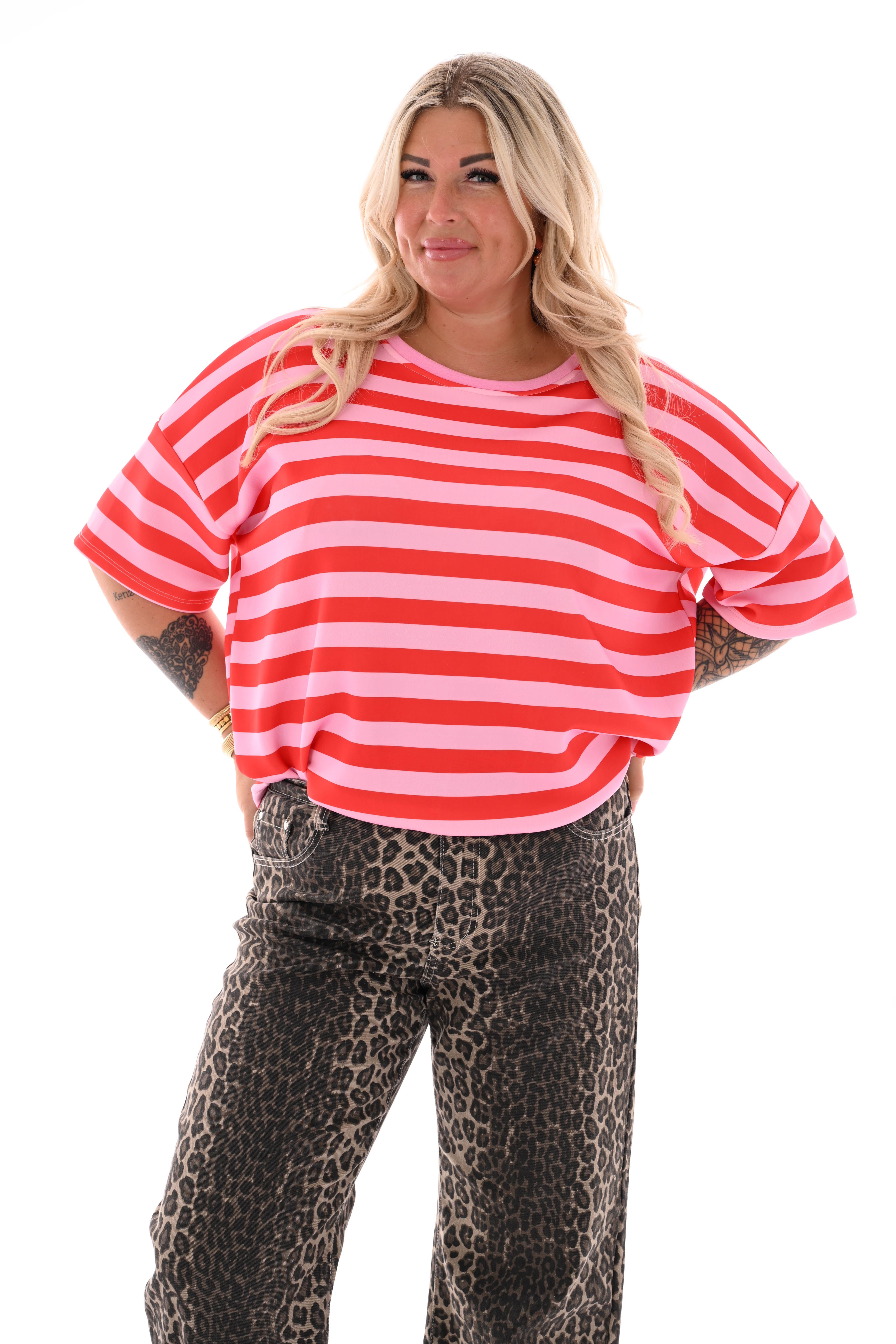 Sweater korte mouwen strepen lichtroze/rood