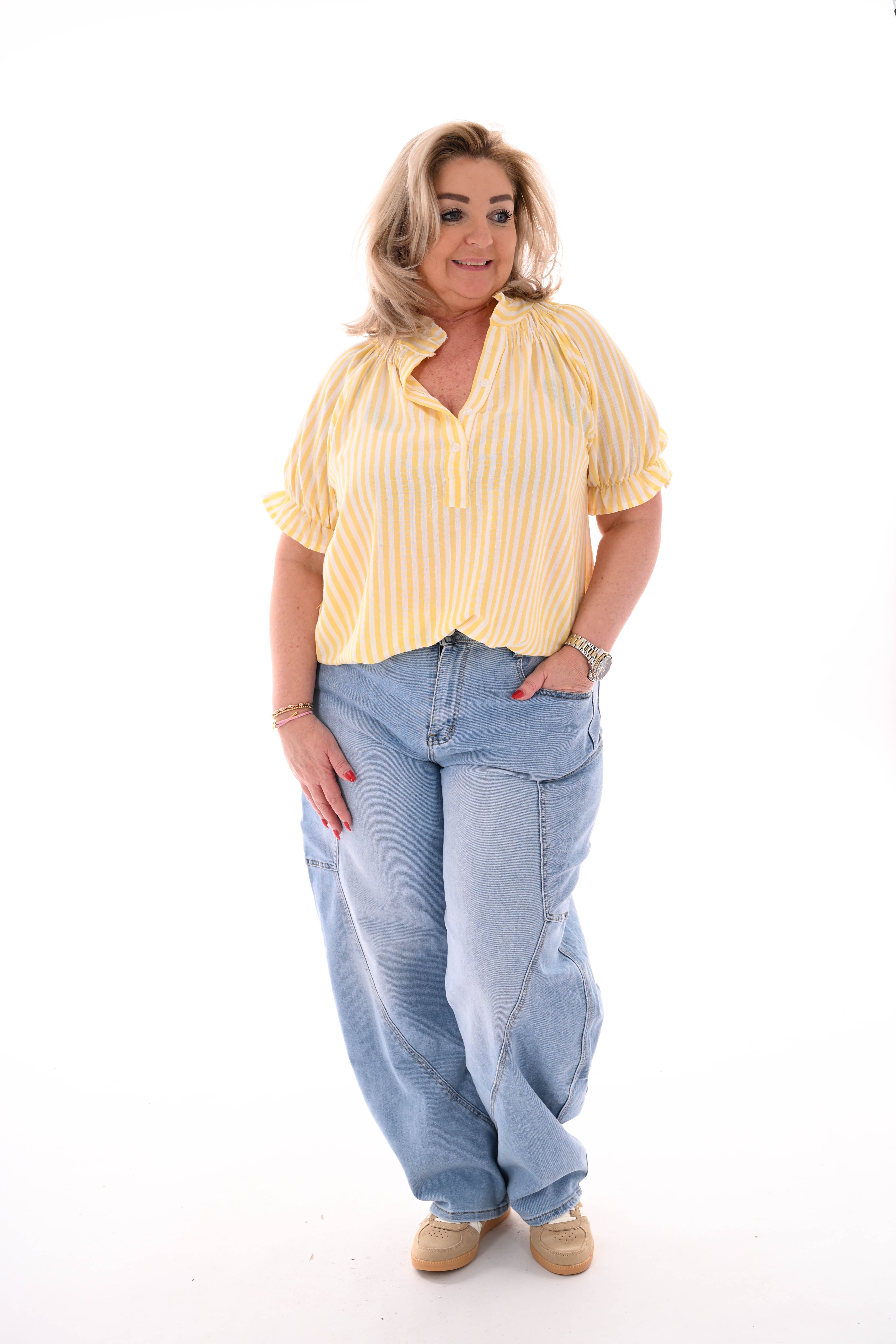 Top v-hals roezel korte mouwen strepen geel