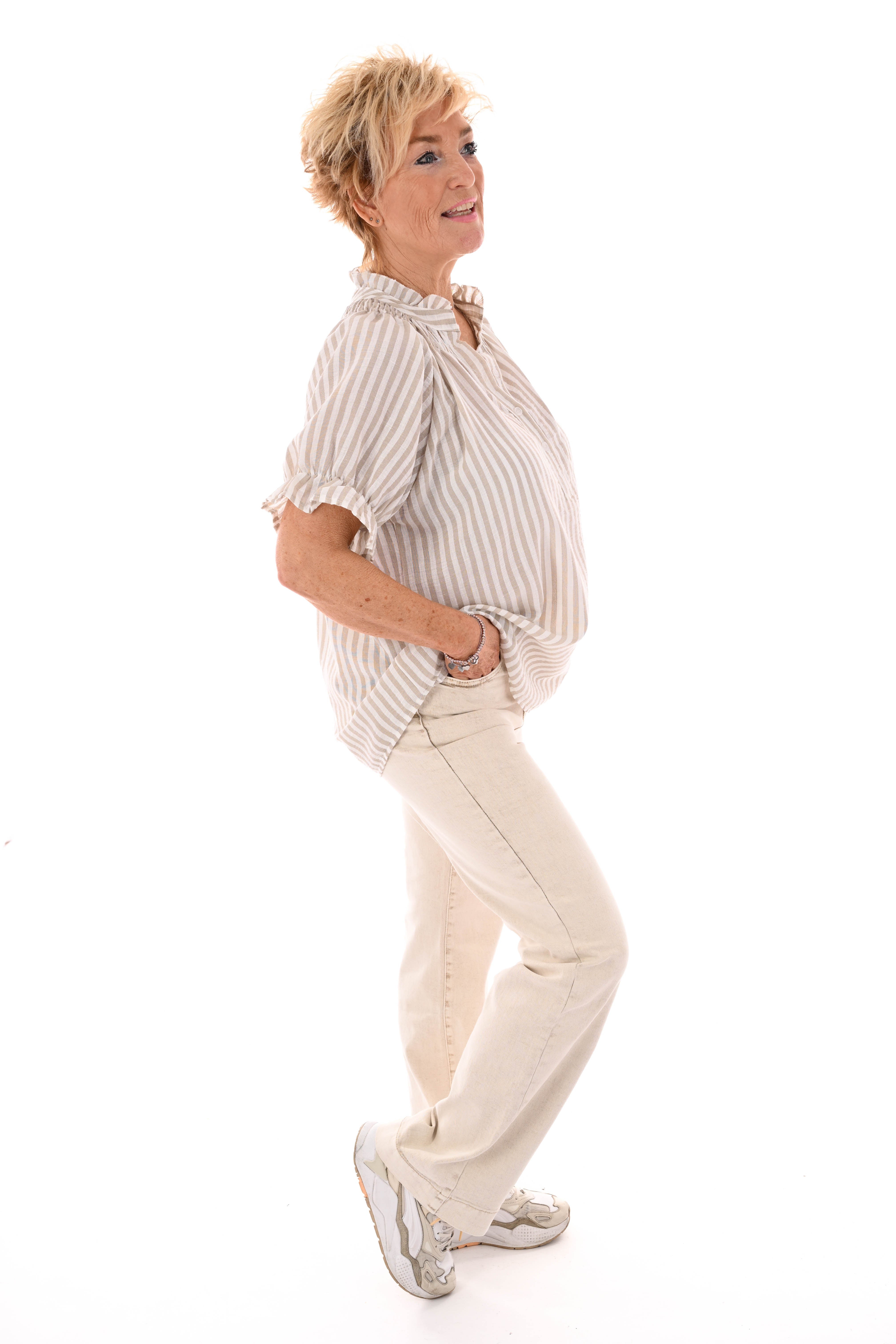 Top v-hals roezel korte mouwen strepen beige