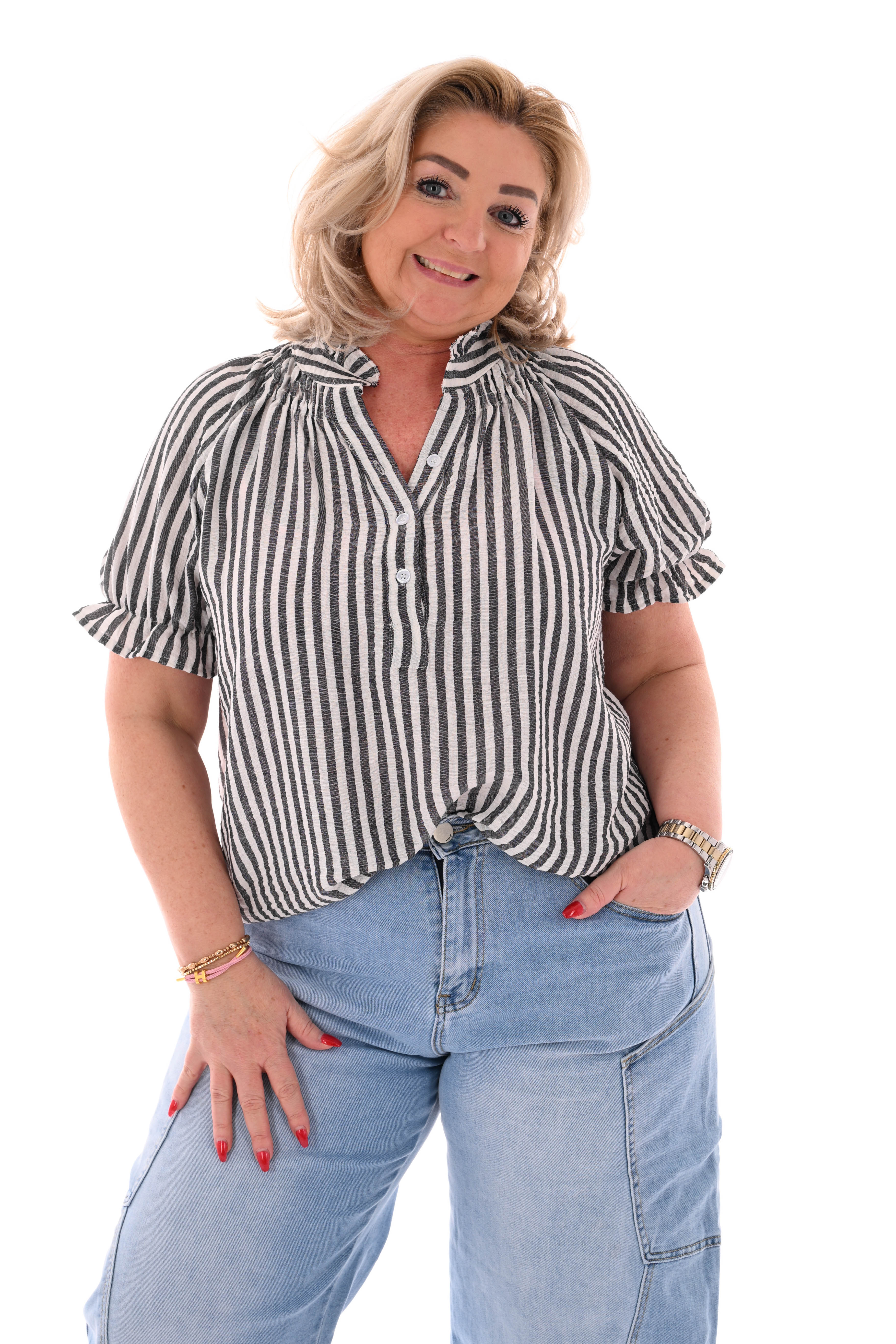 Top v-hals roezel korte mouwen strepen zwart