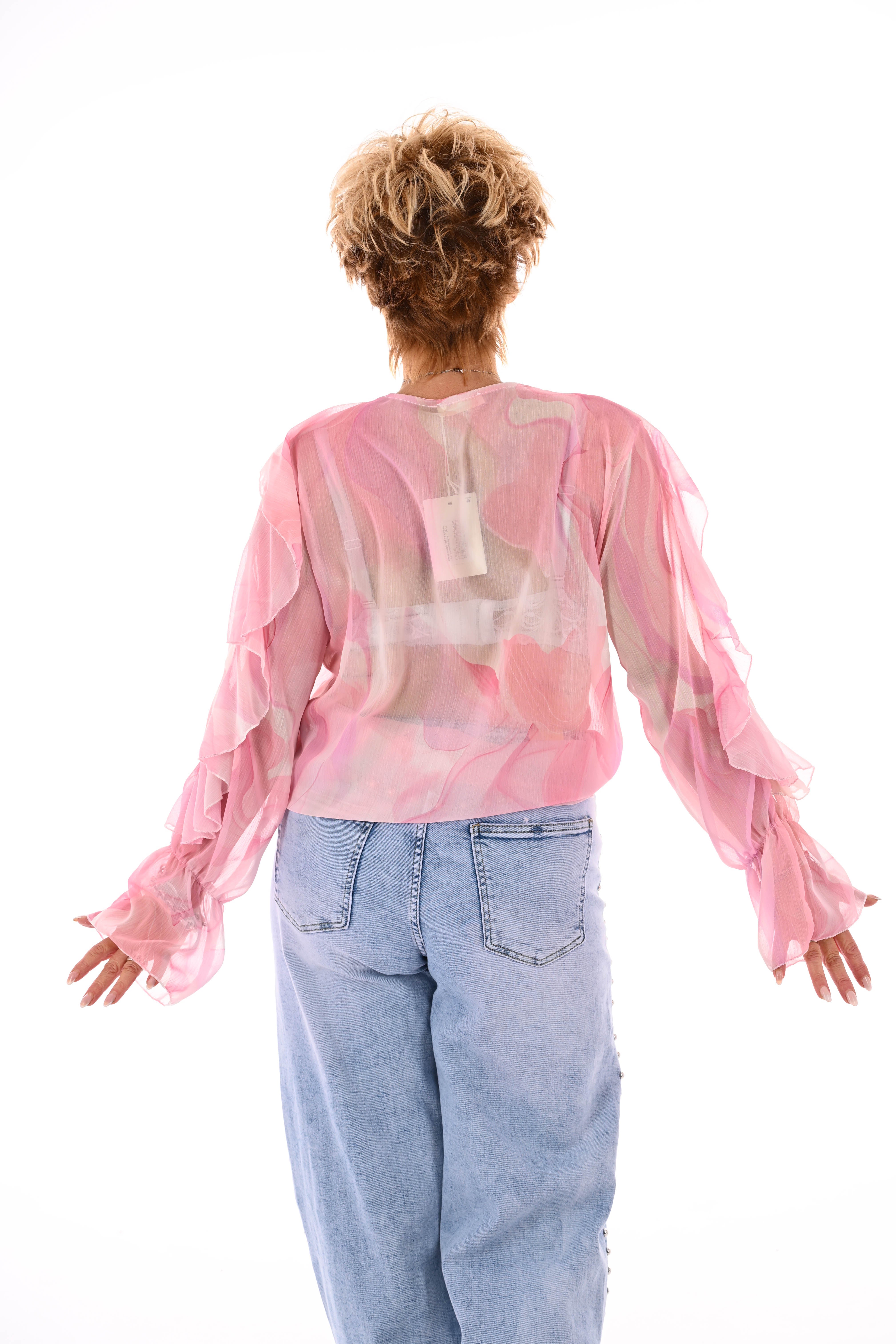 Blouse roezels met trompetmouwen abstract roomwit/roze