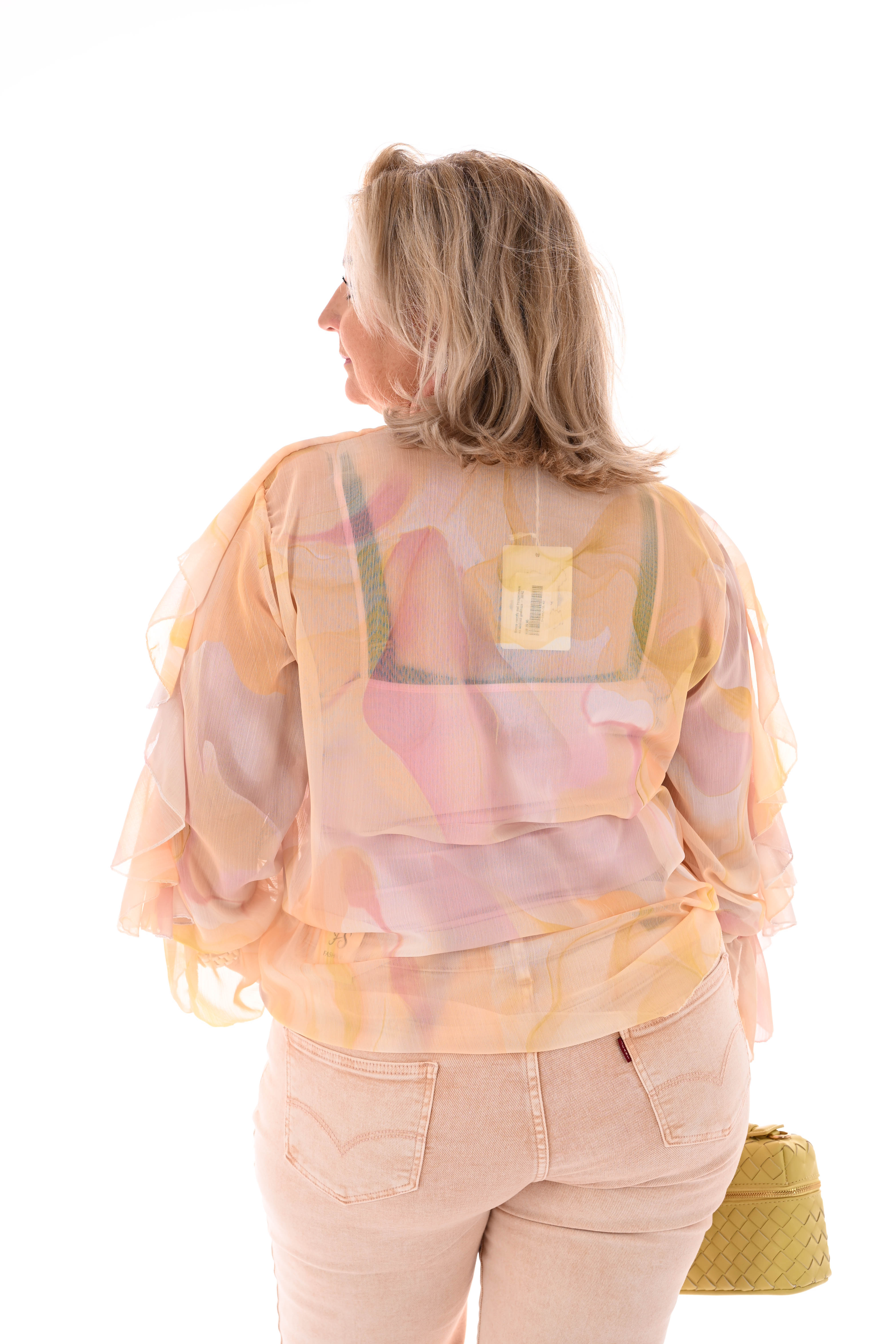 Blouse roezels met trompetmouwen abstract geel/roze