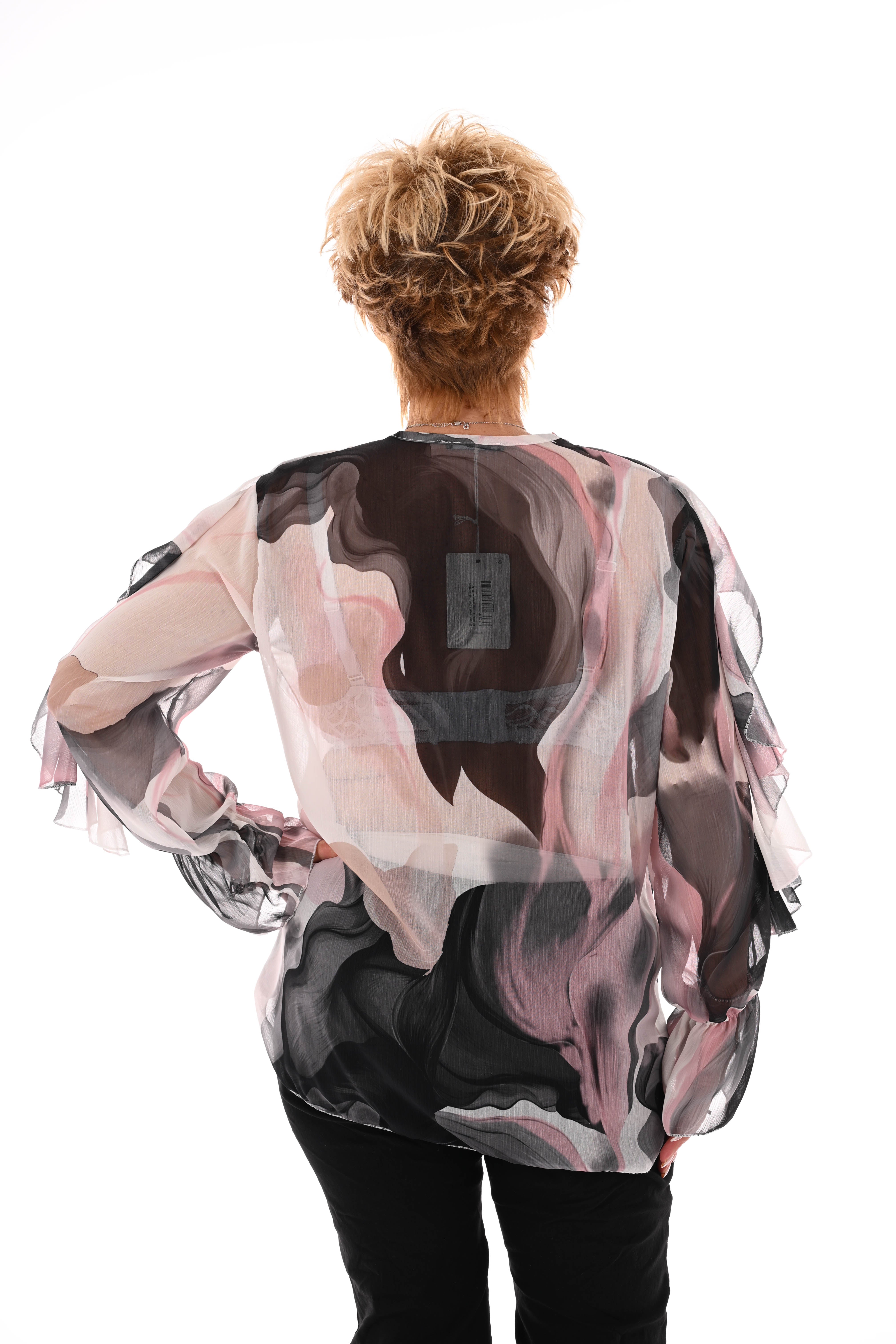 Blouse roezels met trompetmouwen abstract zwart/roze