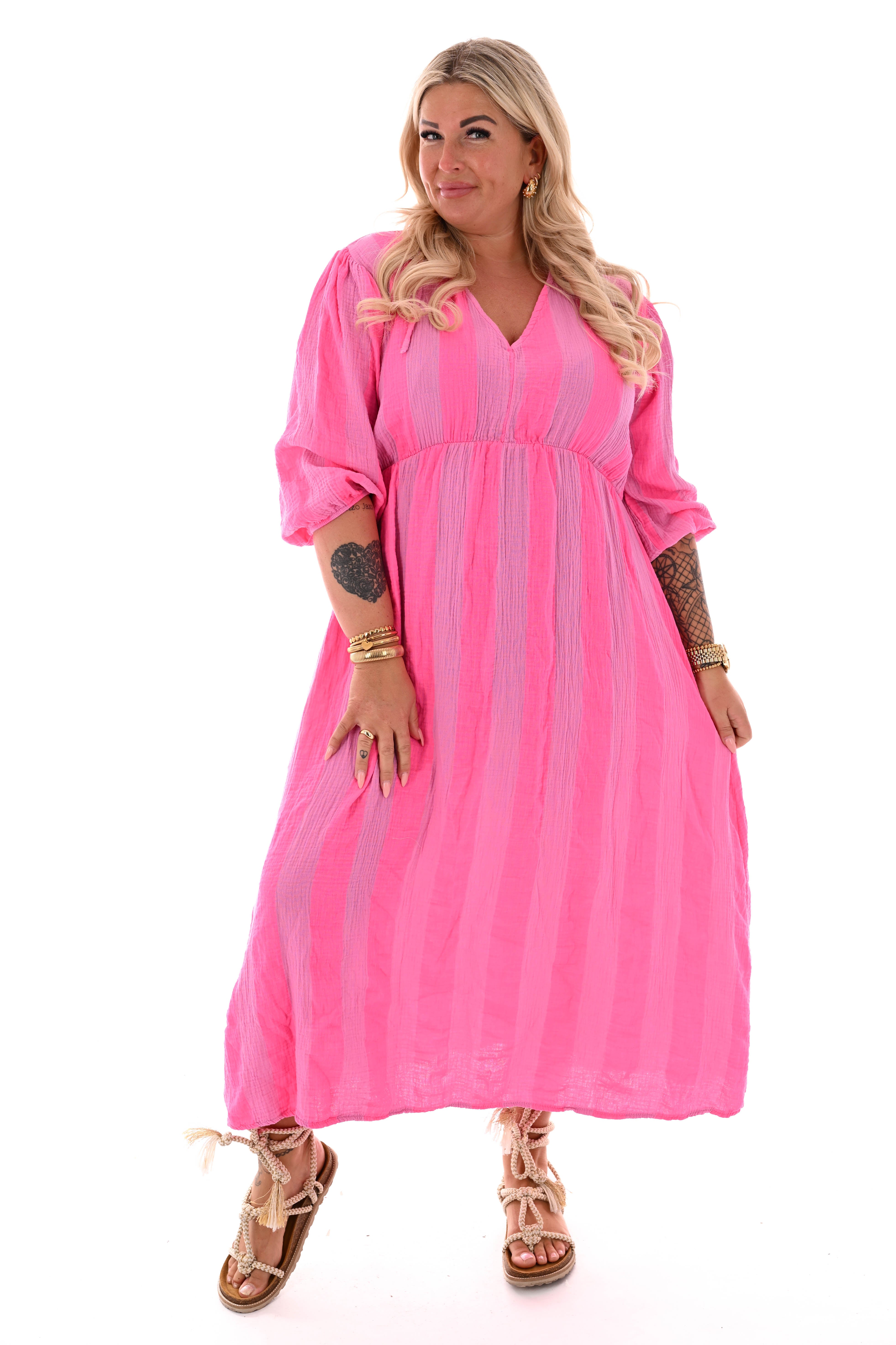 Jurk brede strepen v-hals felroze/roze