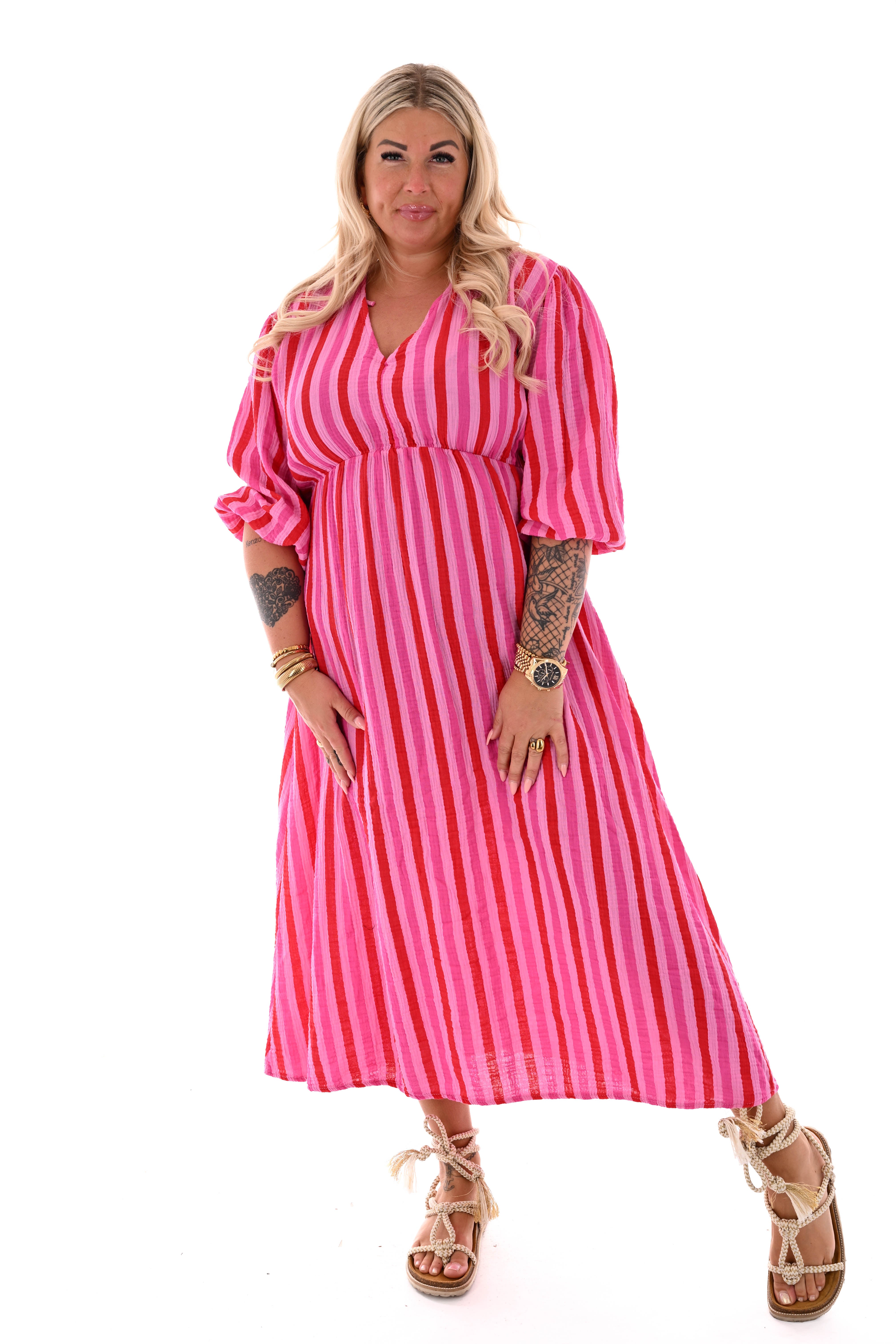 Jurk brede strepen v-hals rood/roze