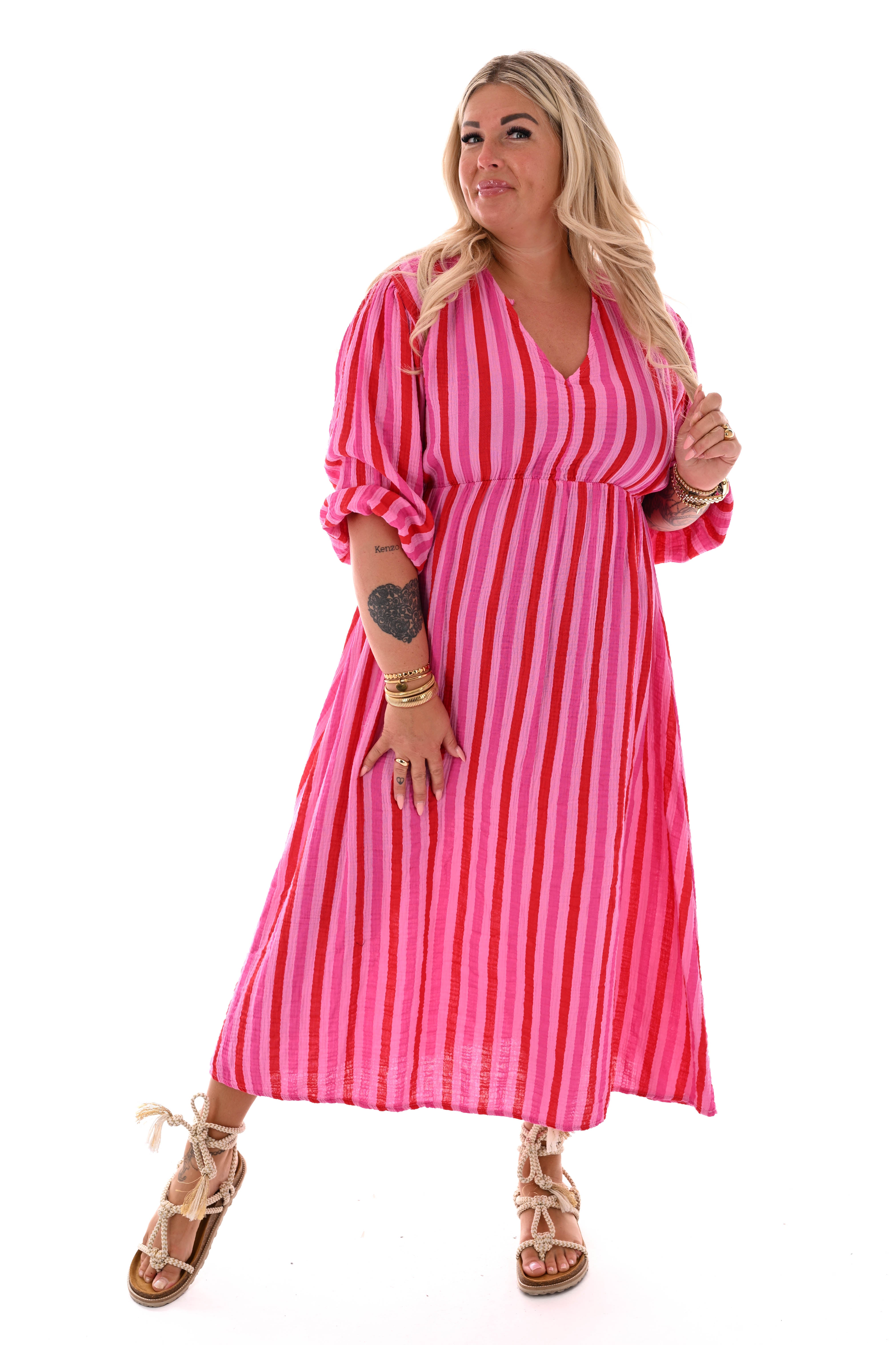 Jurk brede strepen v-hals rood/roze