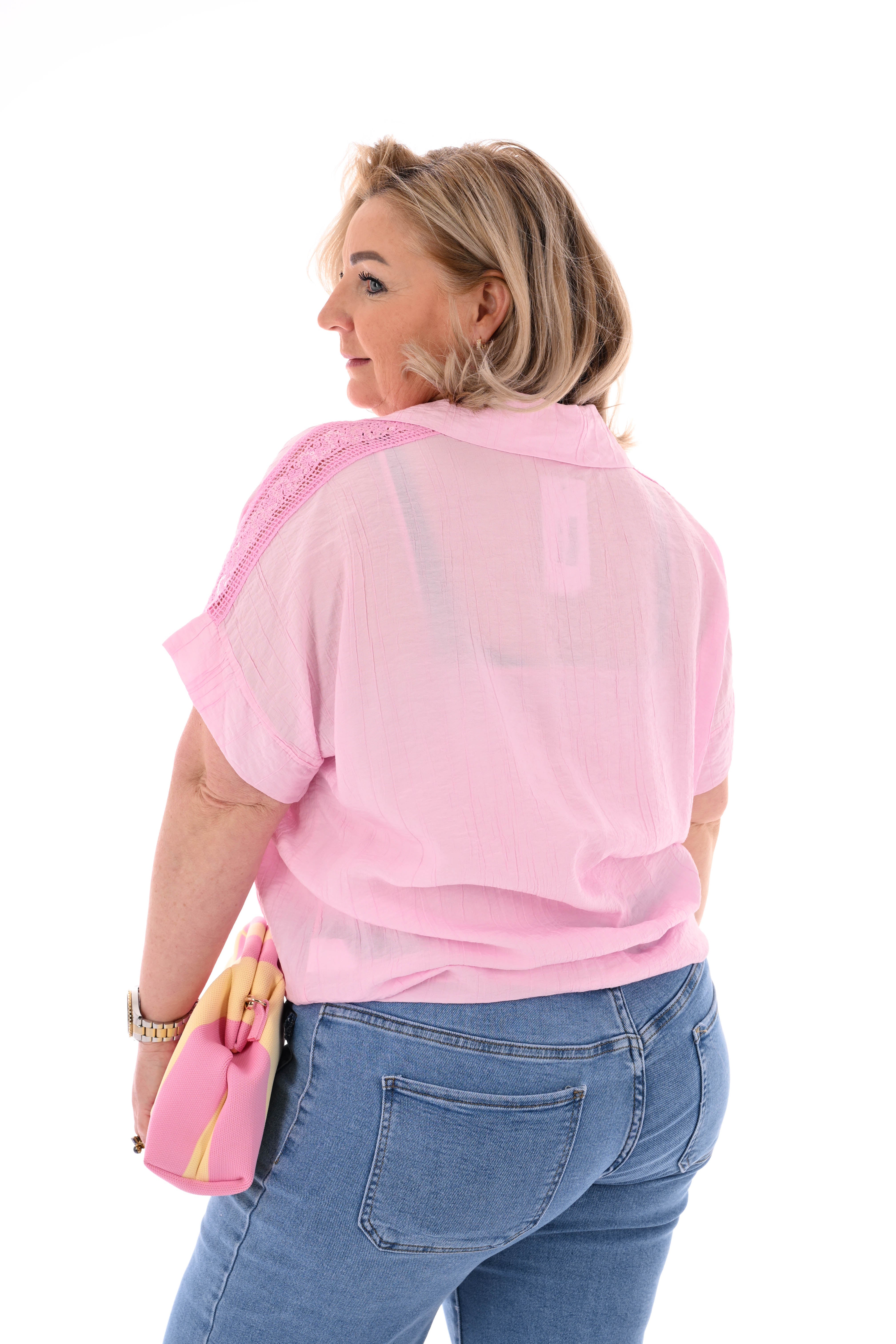Blouse korte mouwen pailletten details lichtroze