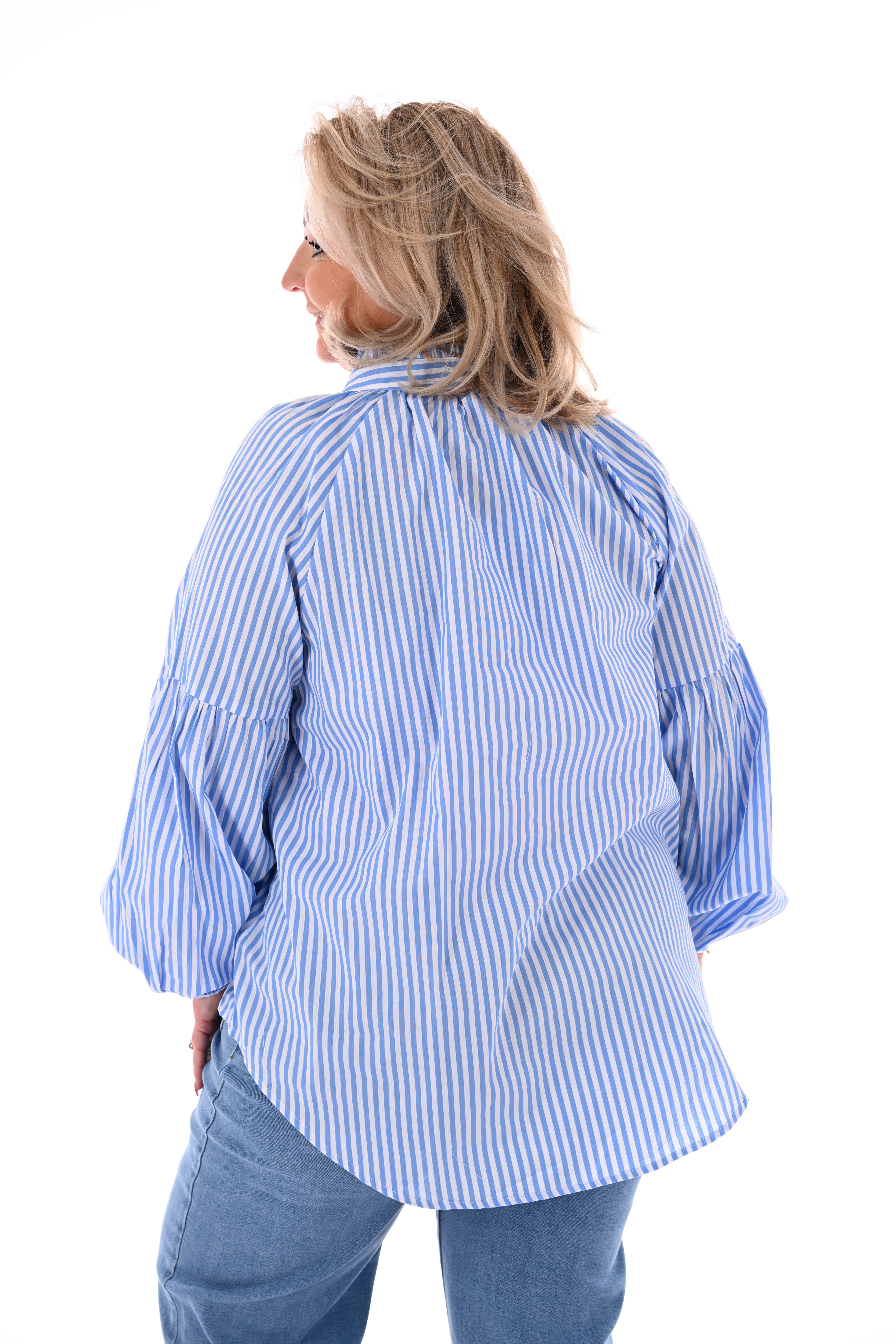 Blouse pofmouwen met streepjes blauw