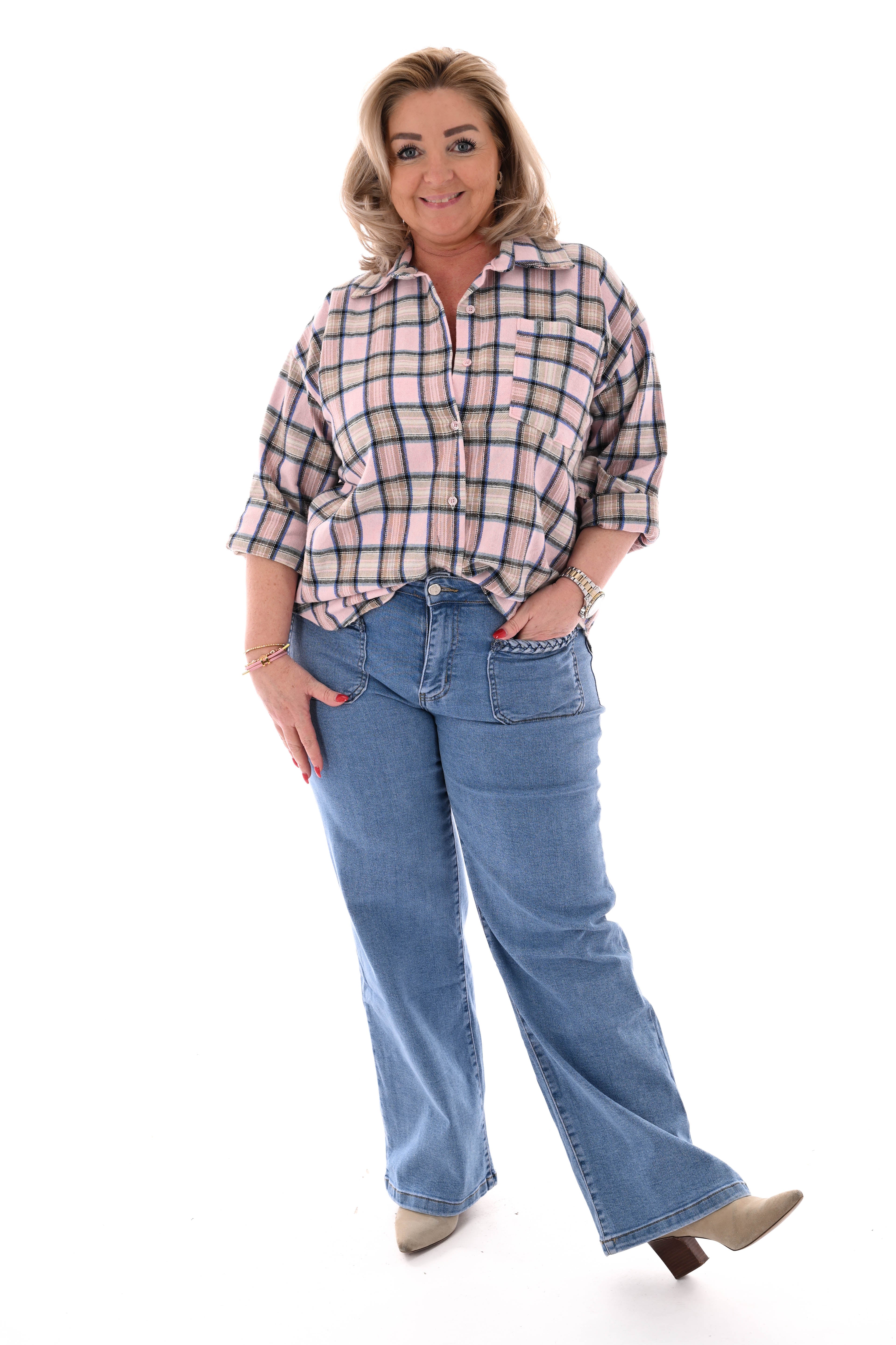 Geruite blouse met borstzak lichtroze/beige