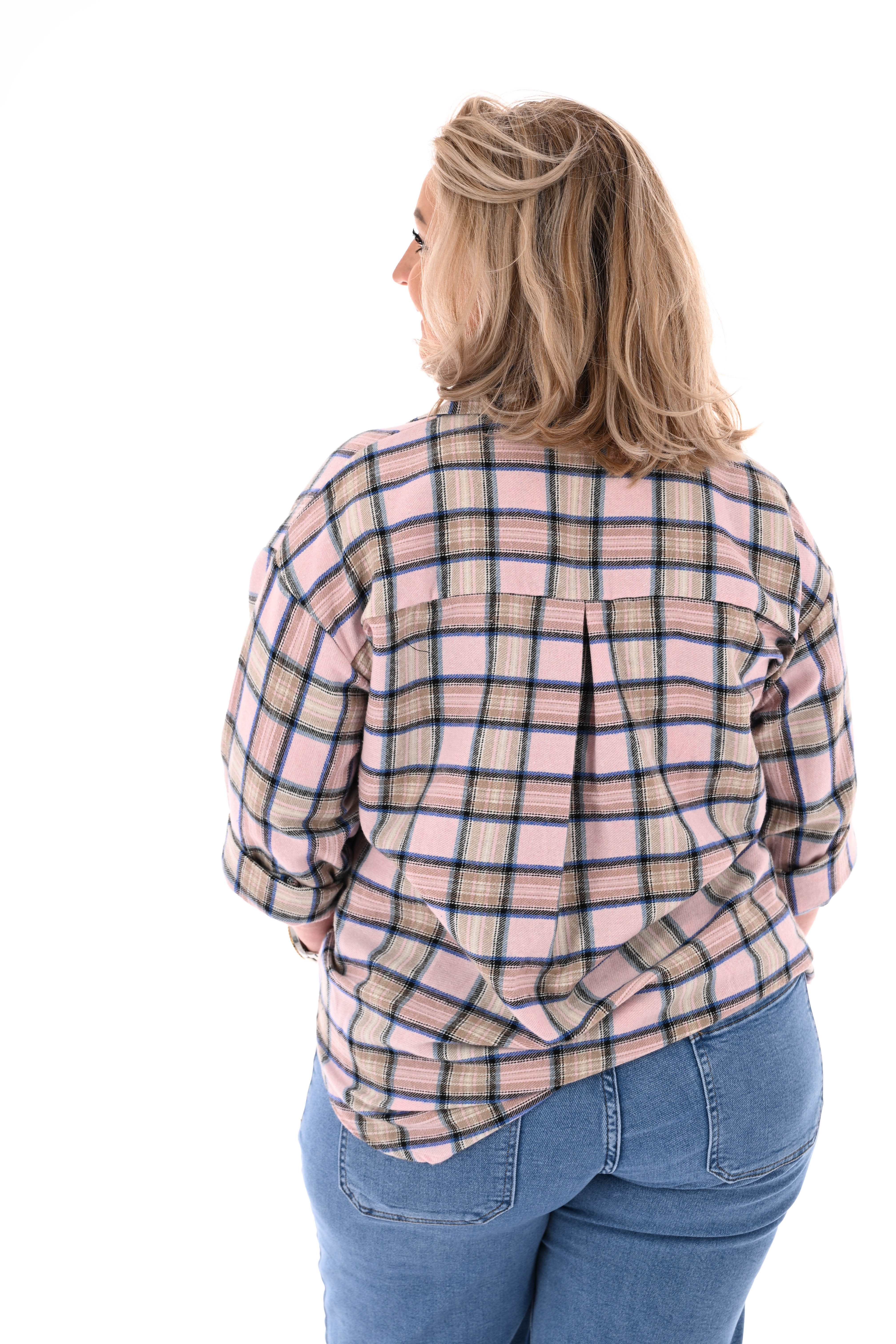 Geruite blouse met borstzak lichtroze/beige