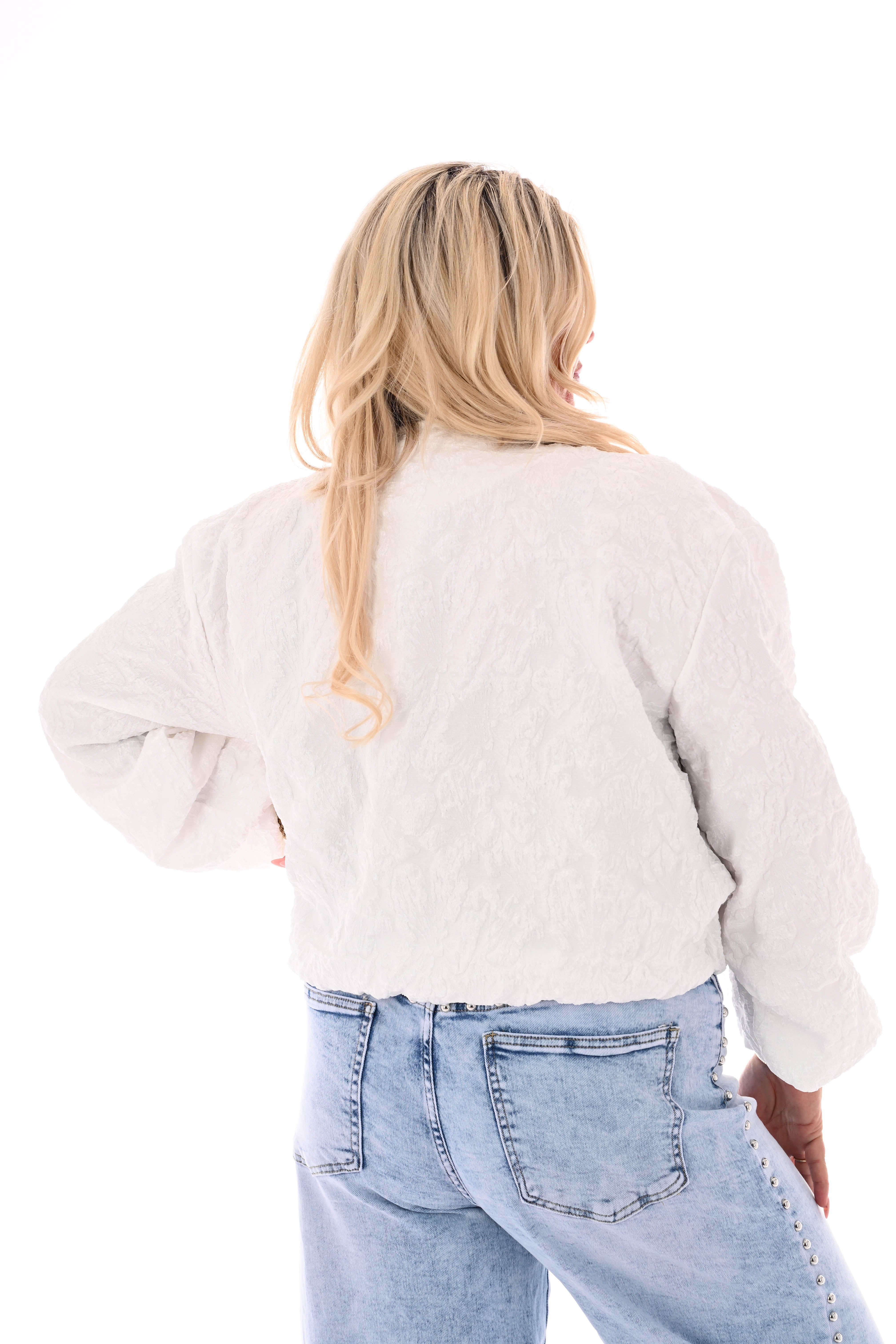 Korte structuur bomber met pofmouwen wit