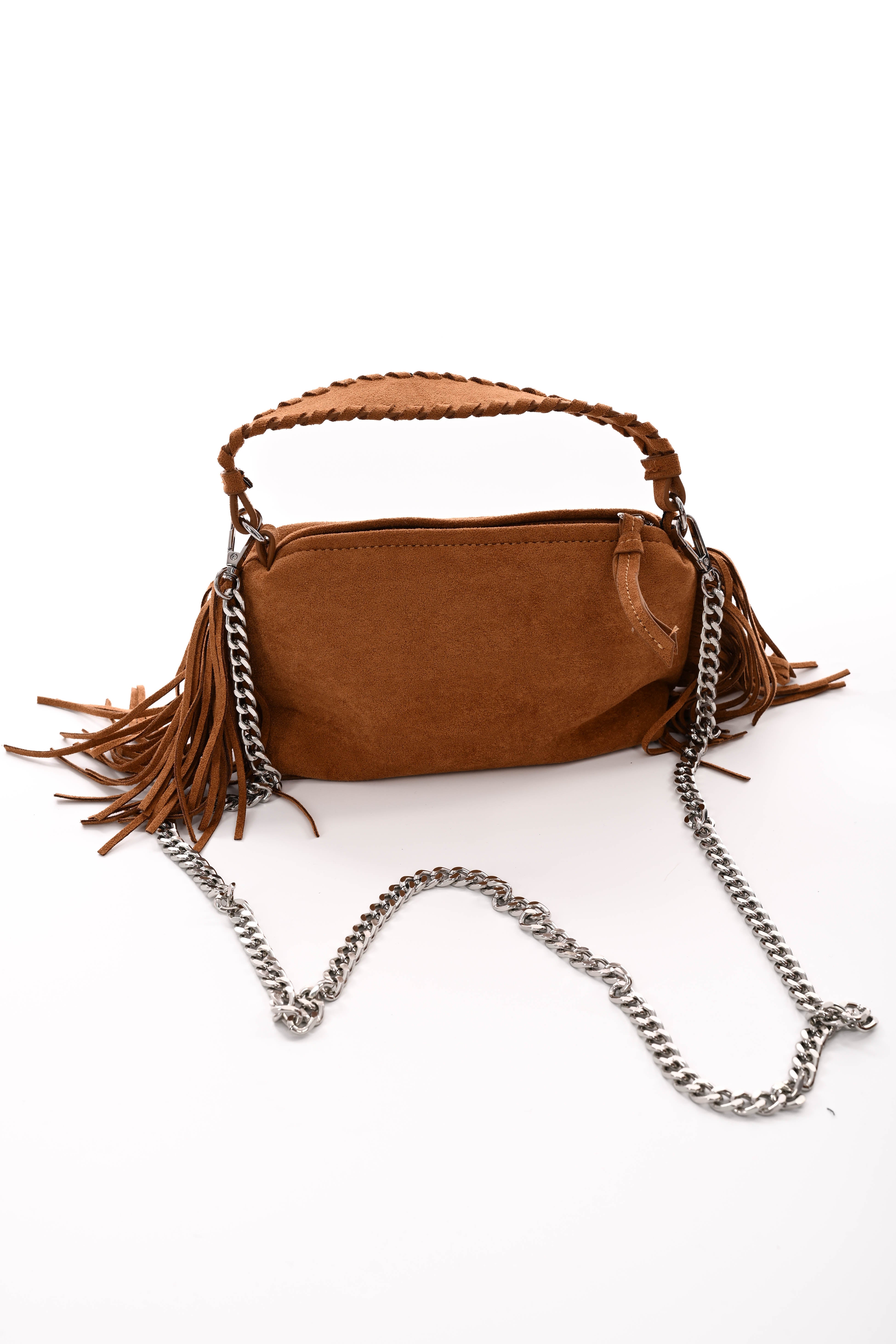 Suedelook handtas franjes cognac