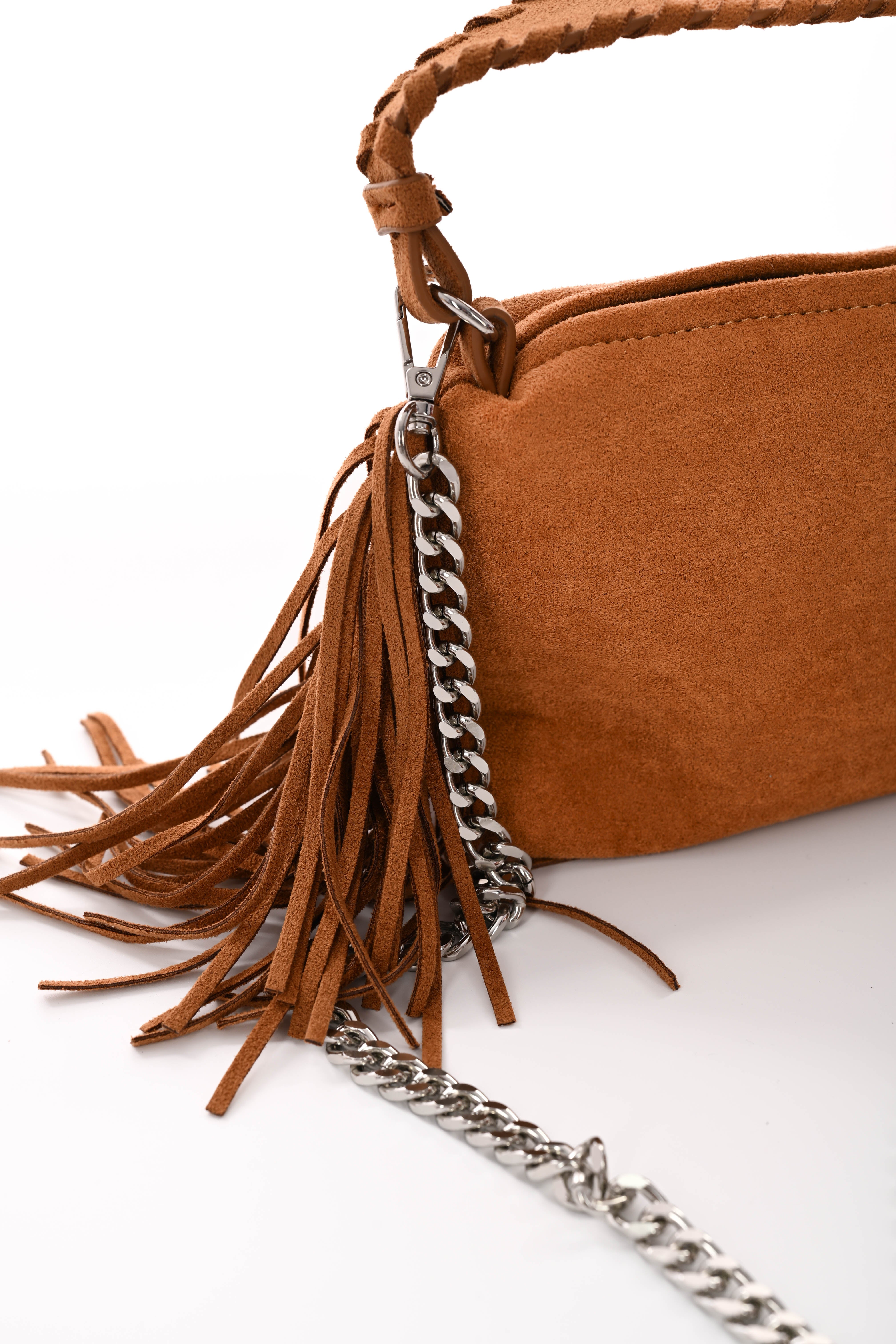 Suedelook handtas franjes cognac