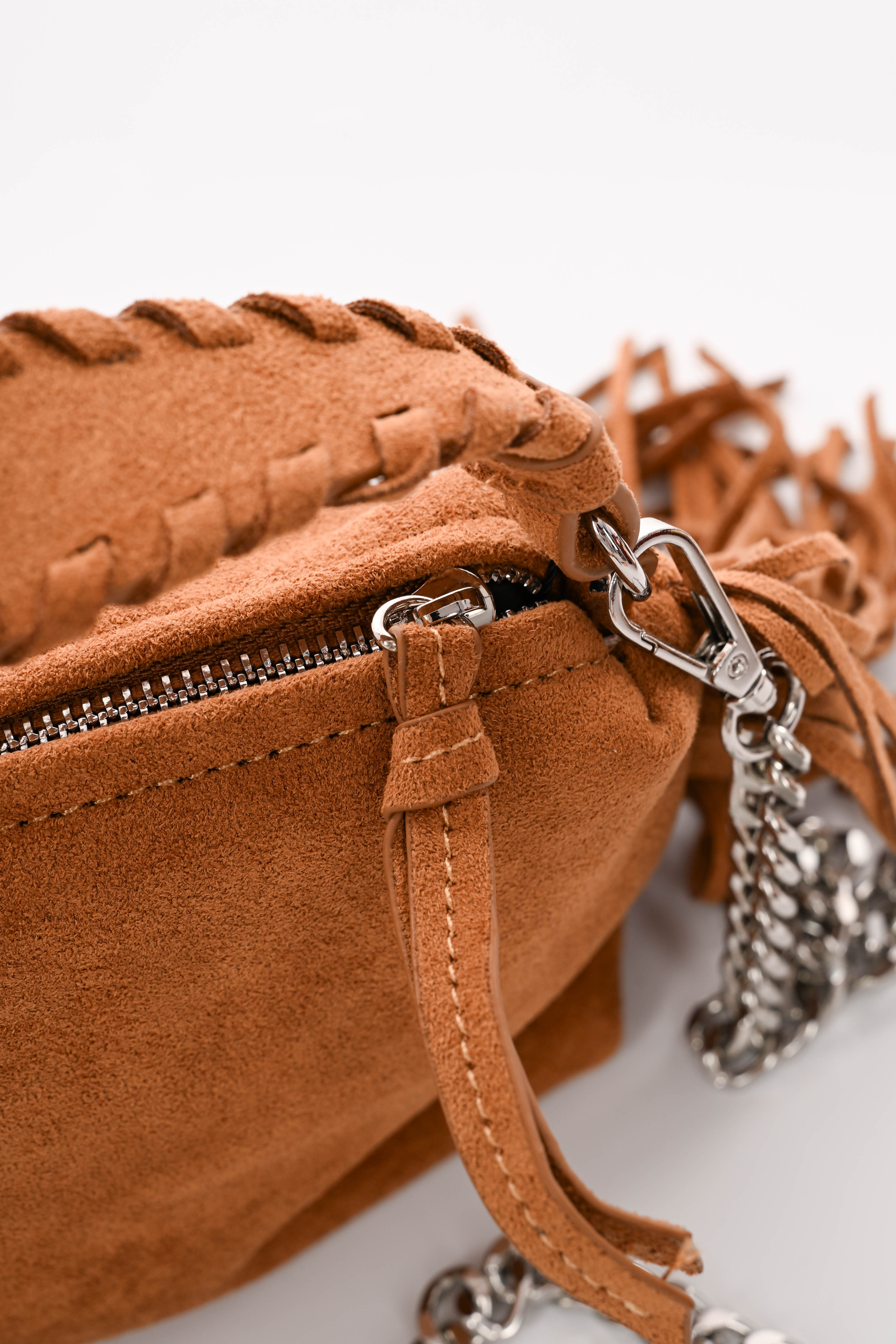 Suedelook handtas franjes cognac