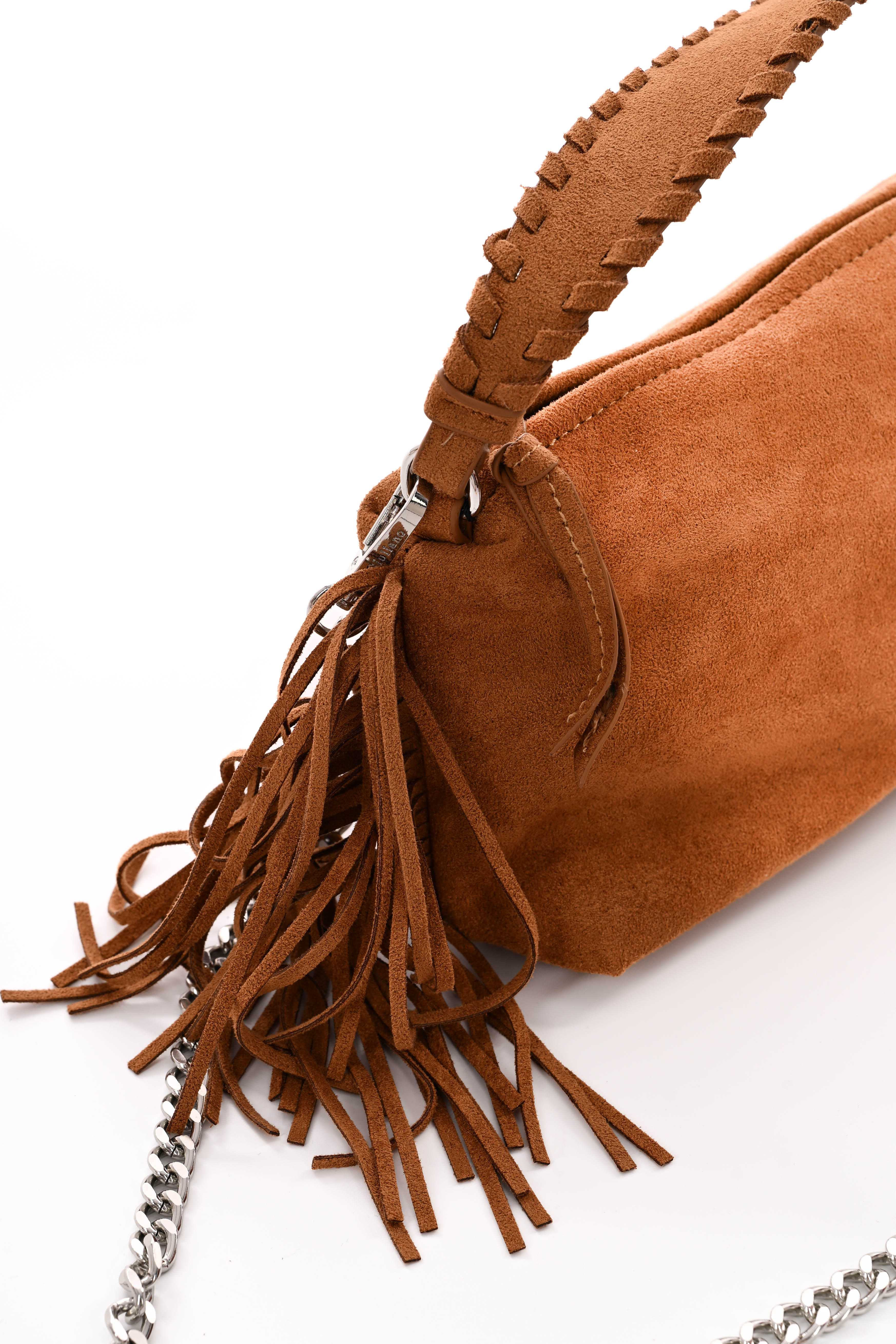 Suedelook handtas franjes cognac