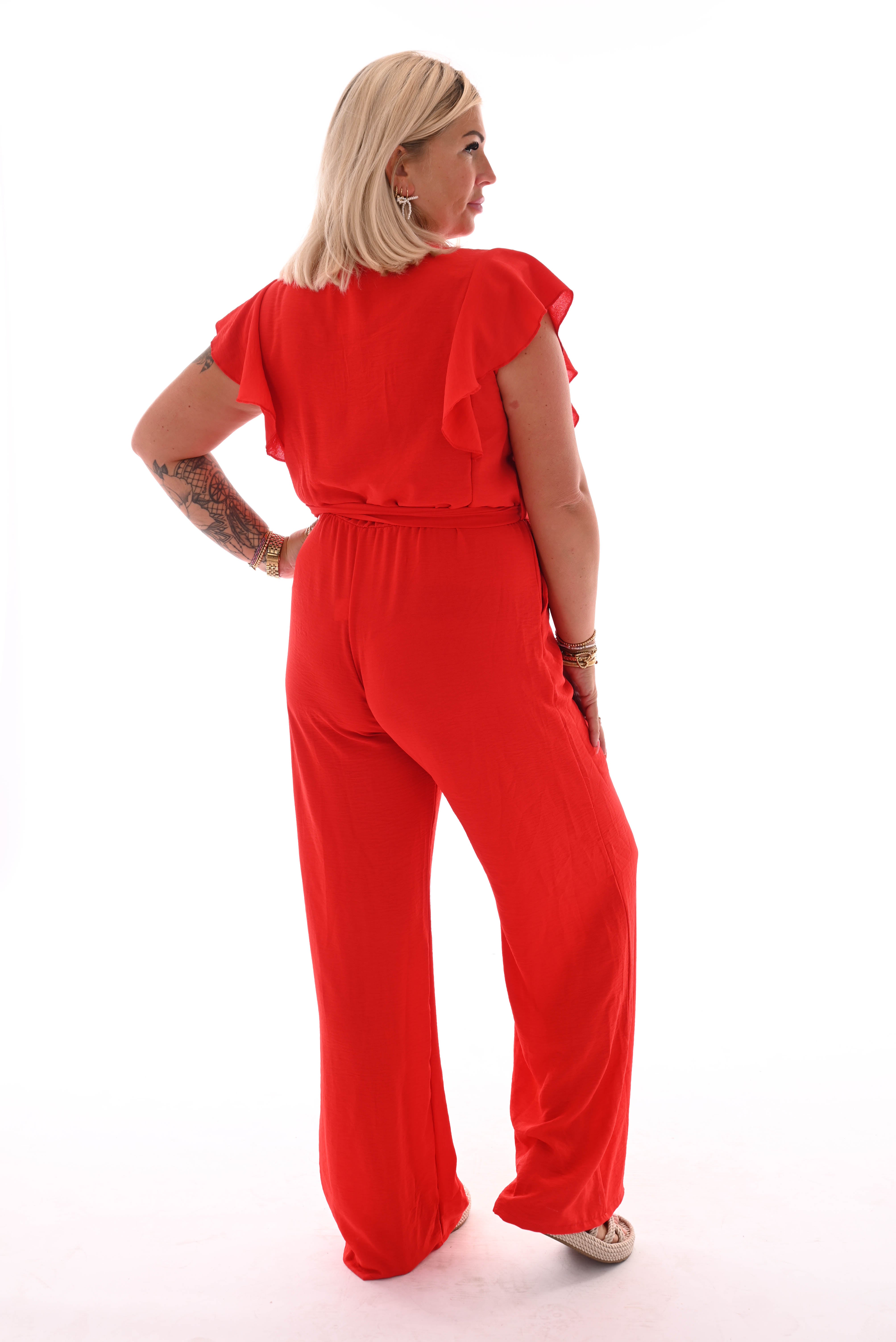 Jumpsuit korte roezel mouwen uni rood