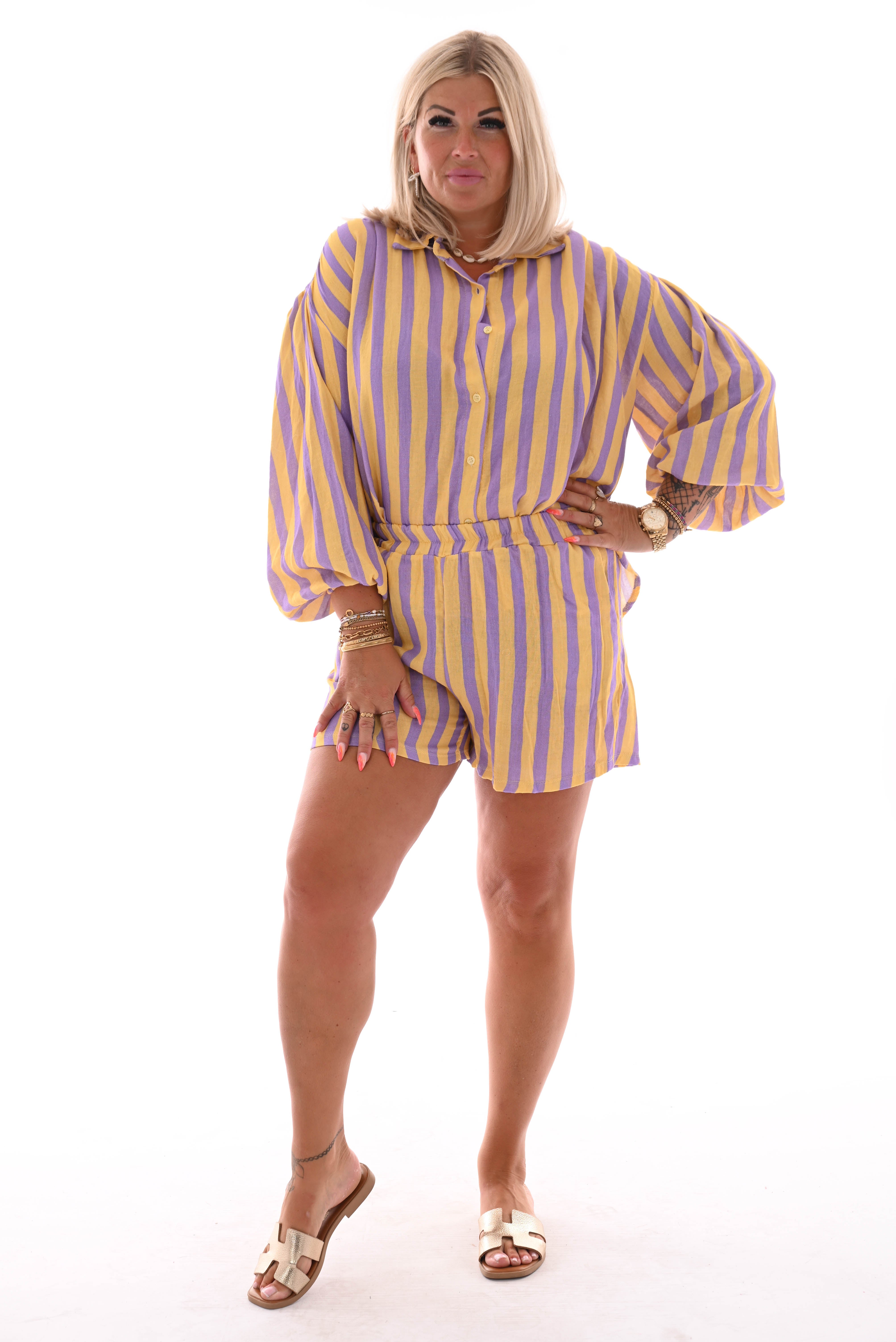 Twinset doorknoop blouse strepen lila/geel