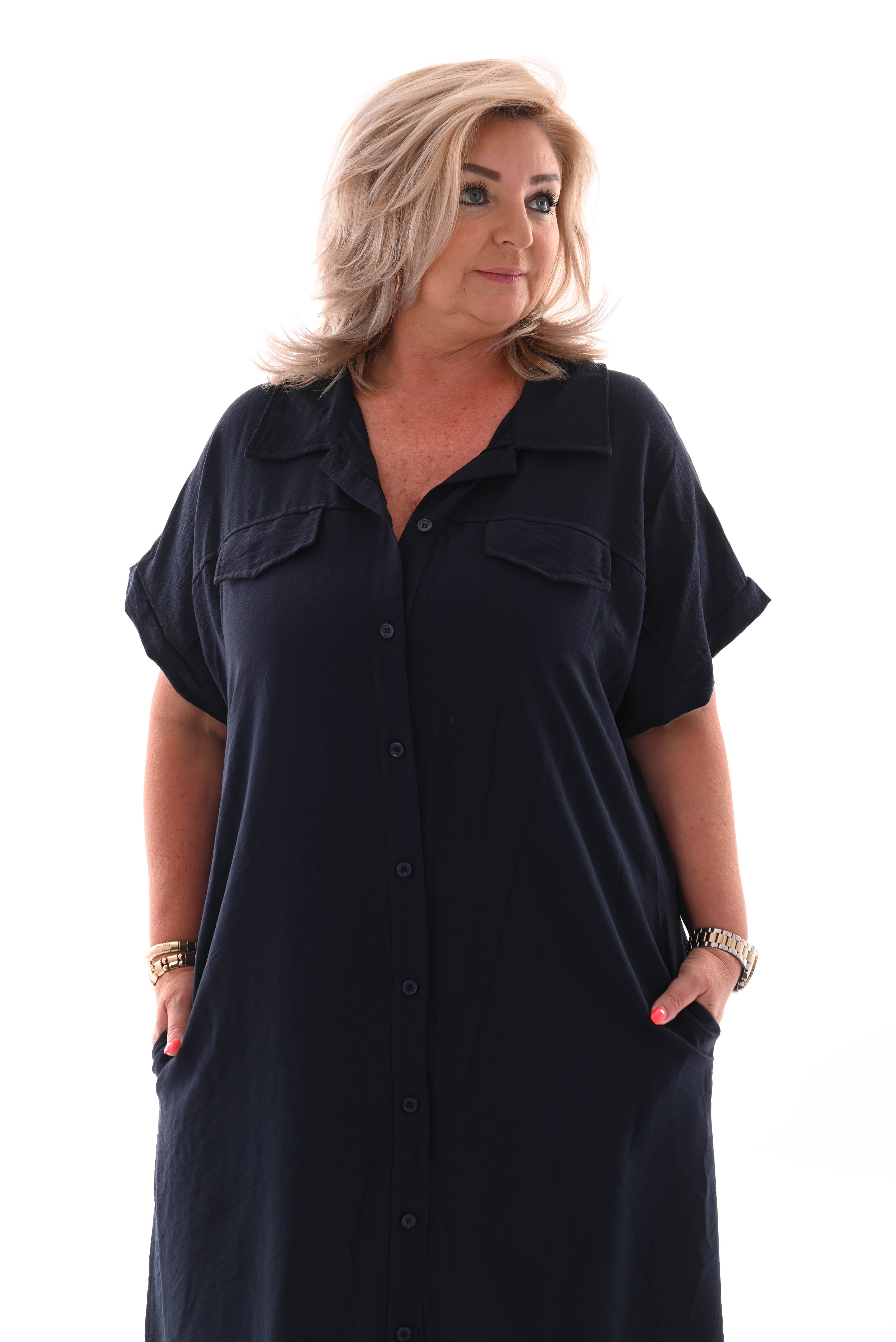 Blouse jurk doorknoop marineblauw